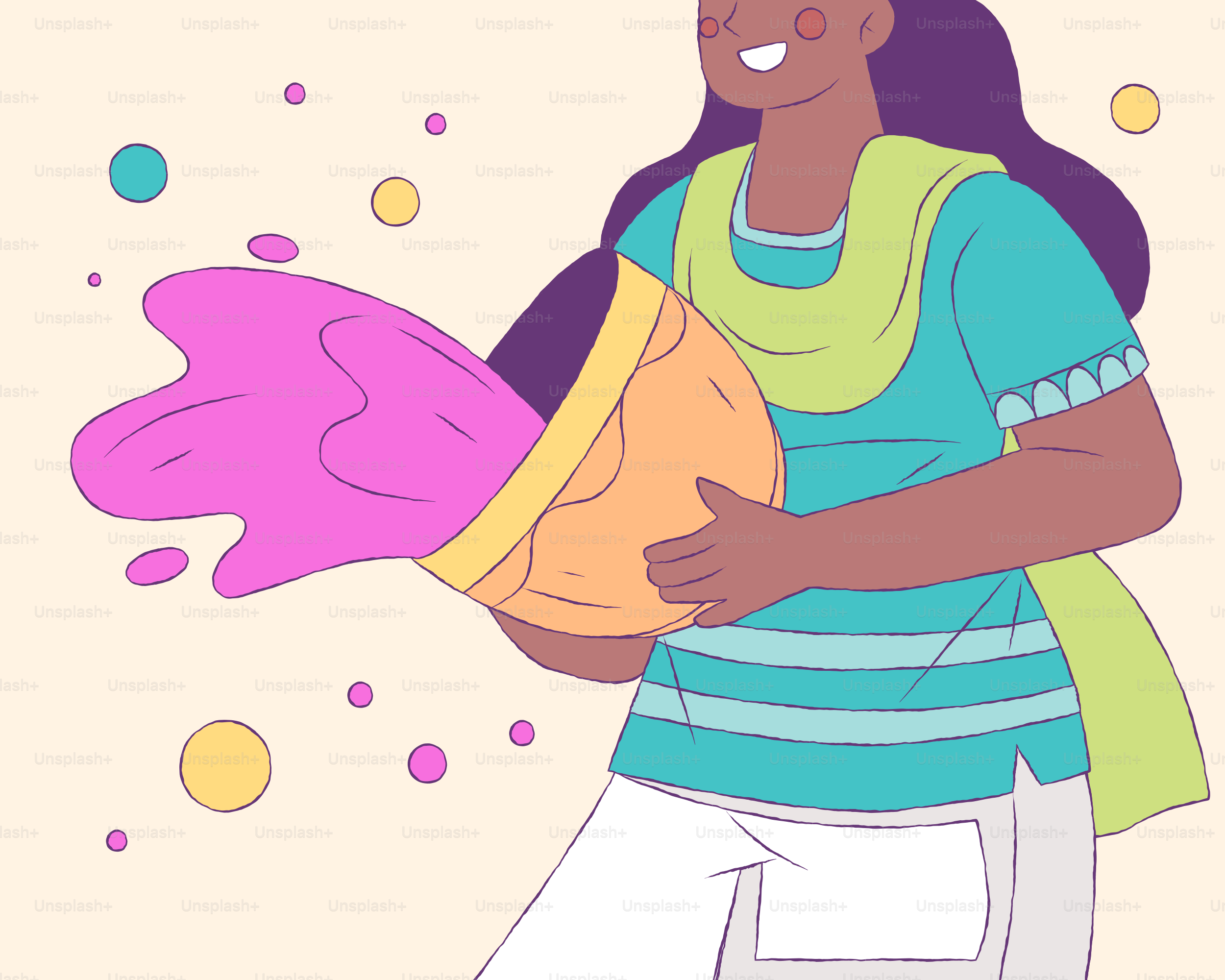 A woman holding a pink glove and a yellow object