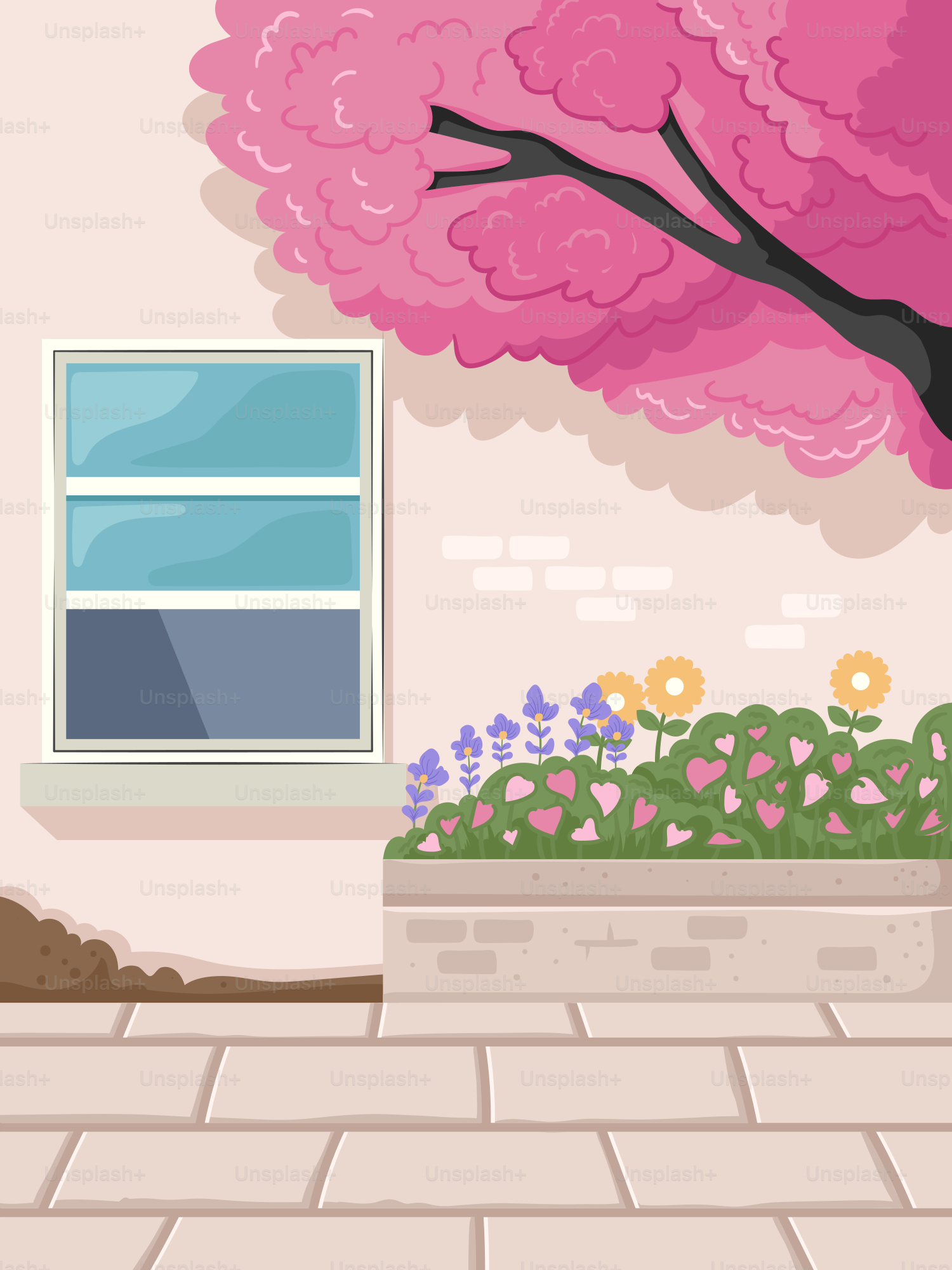 A room with a window, a potted plant and a tree