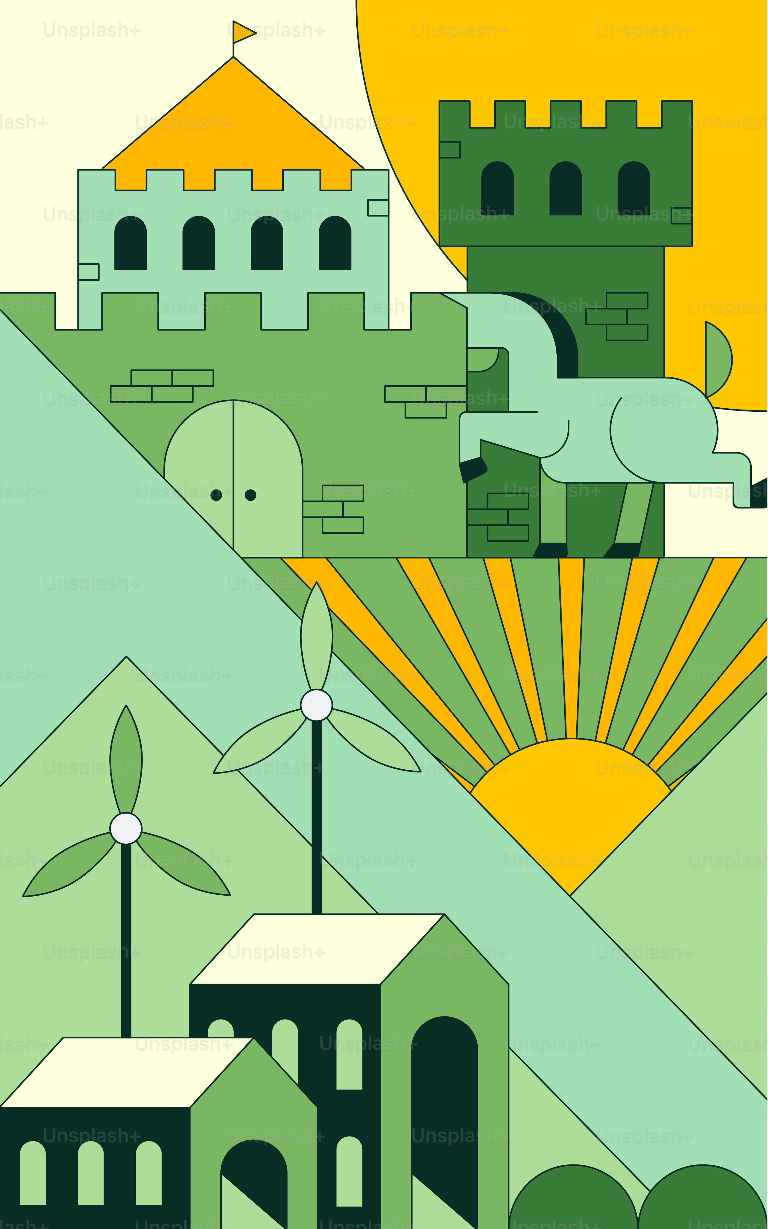 A poster of a castle with a sun in the background