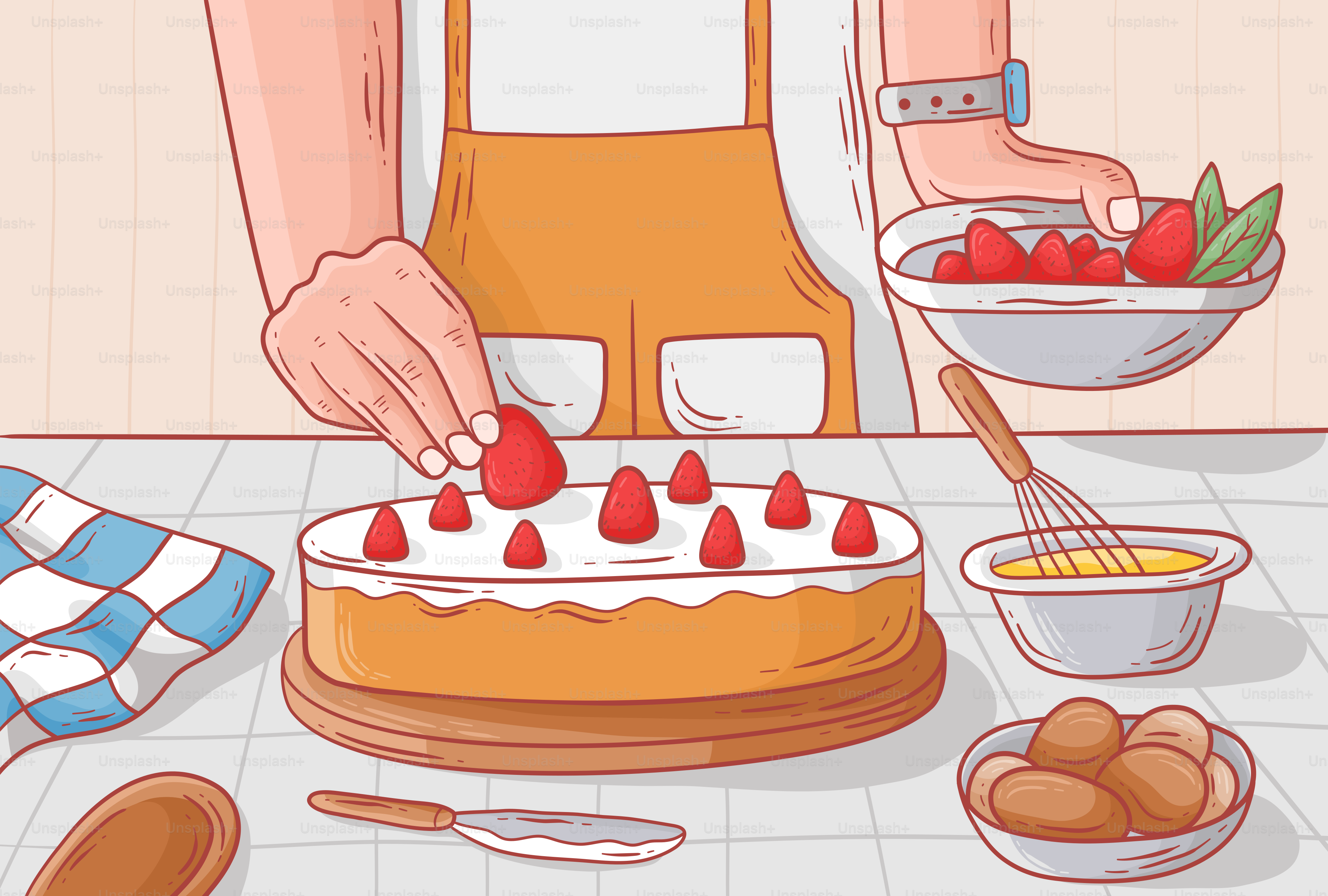 Eine Person schmückt einen Kuchen mit Erdbeeren