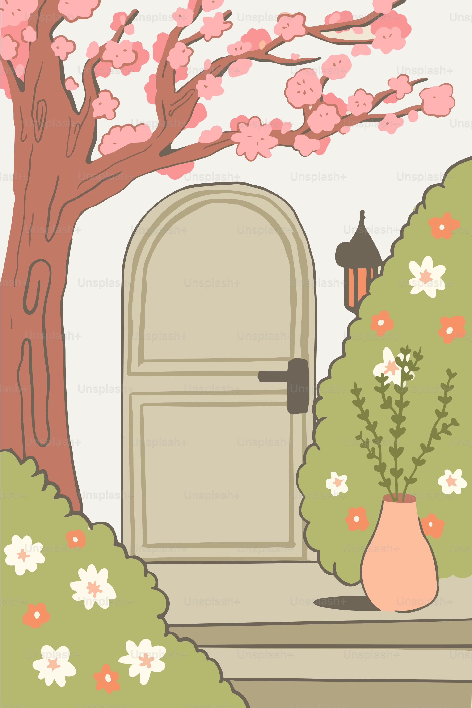 A picture of a door and a tree