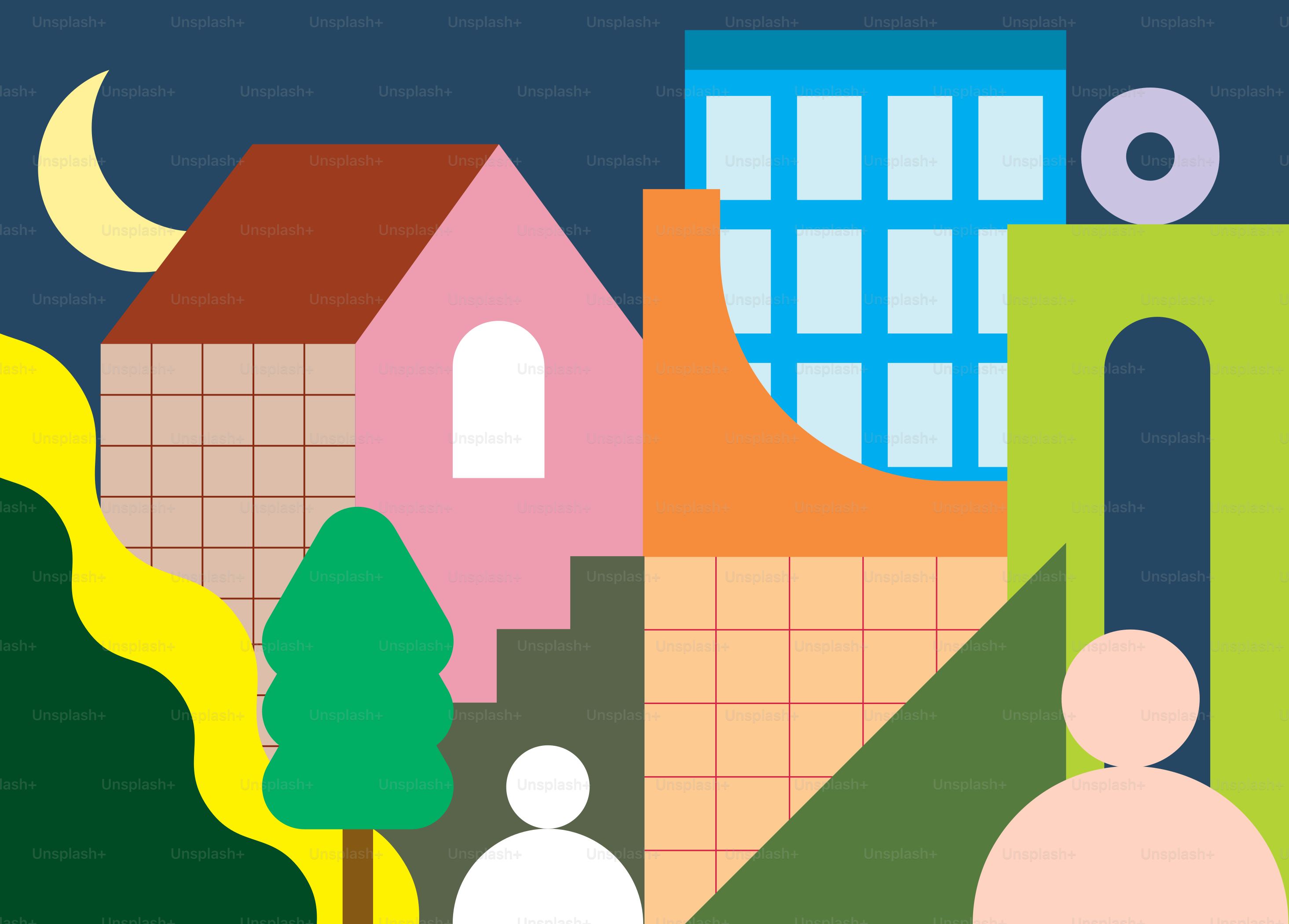 A picture of a city with houses and trees