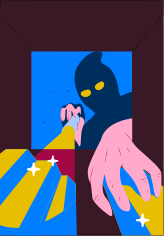 A painting of a hand reaching out of a window