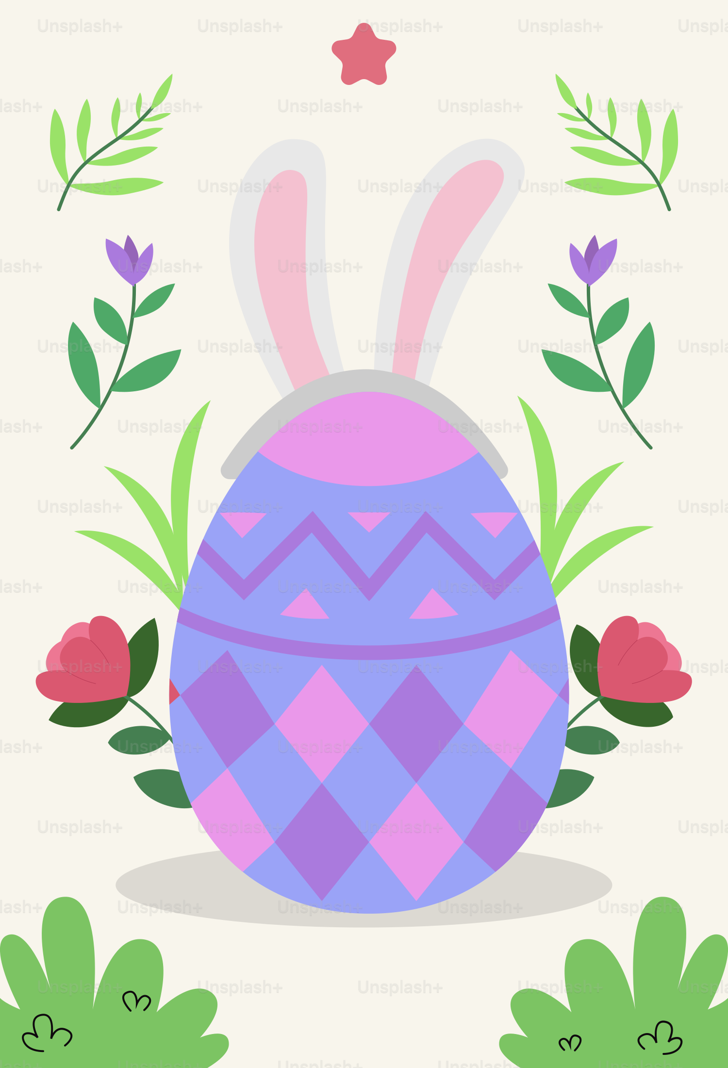 Un uovo di Pasqua con le orecchie di un coniglio e fiori intorno