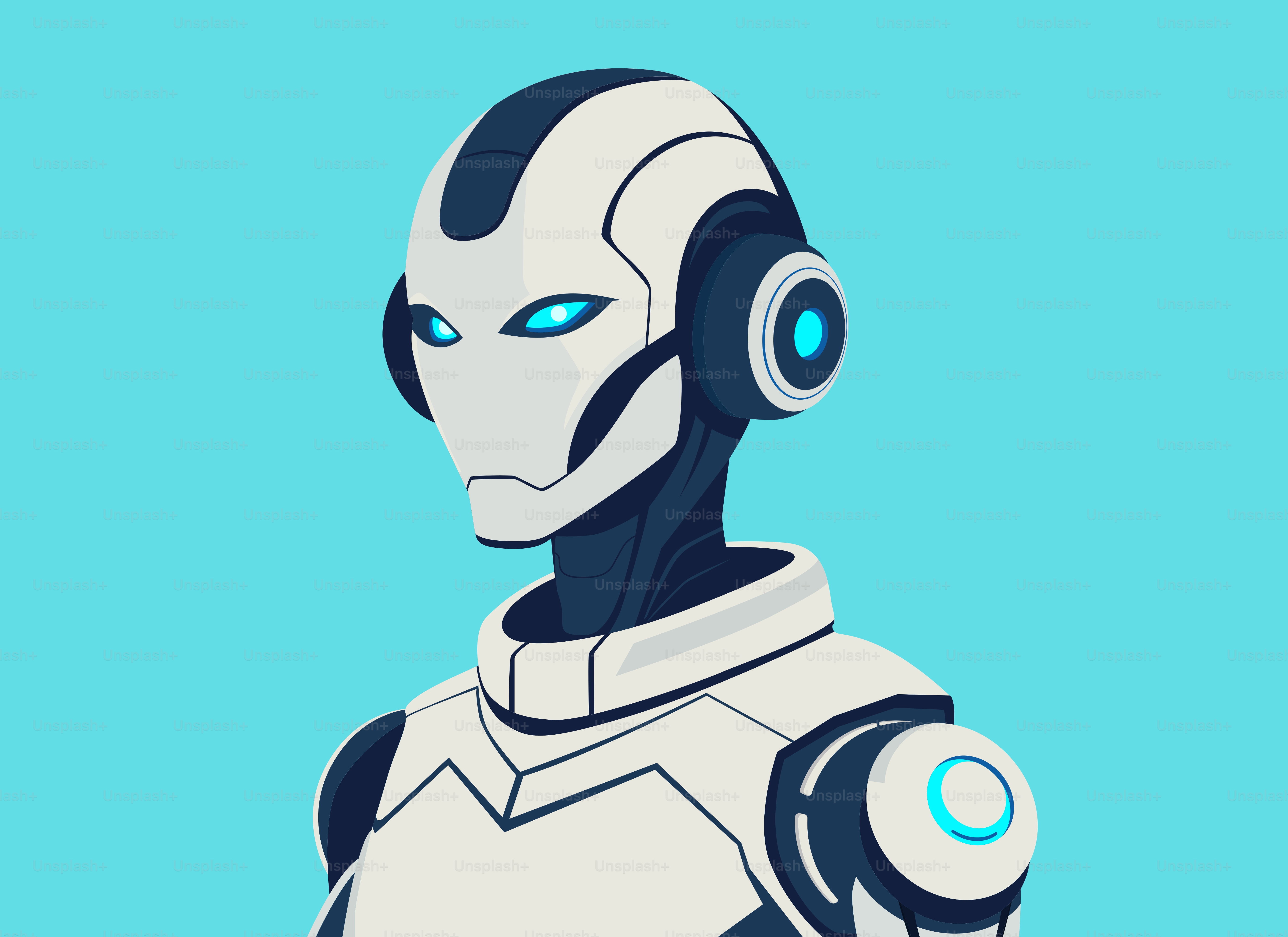 A robot is standing in front of a blue background