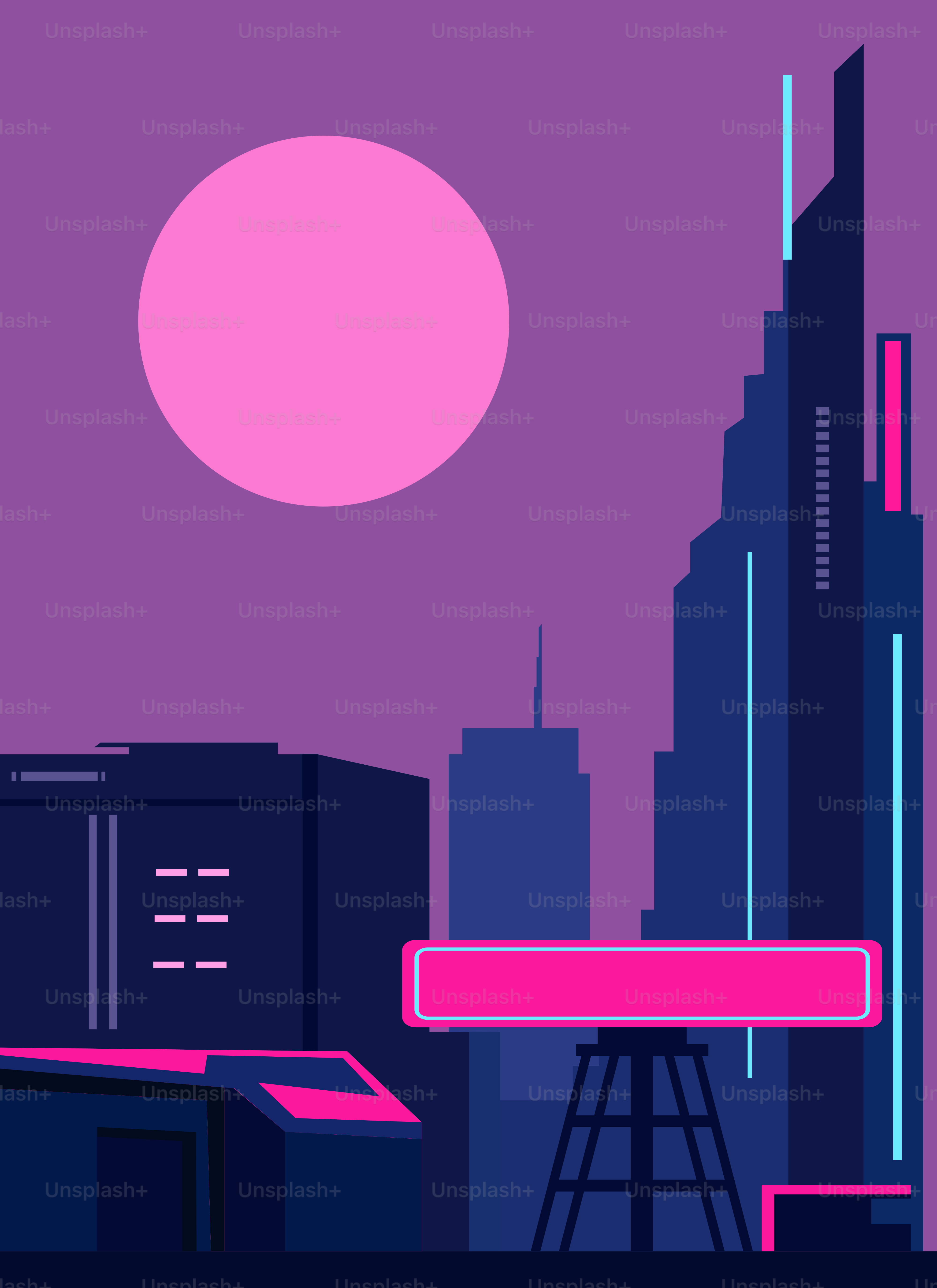 A city skyline with tall buildings and a pink sun