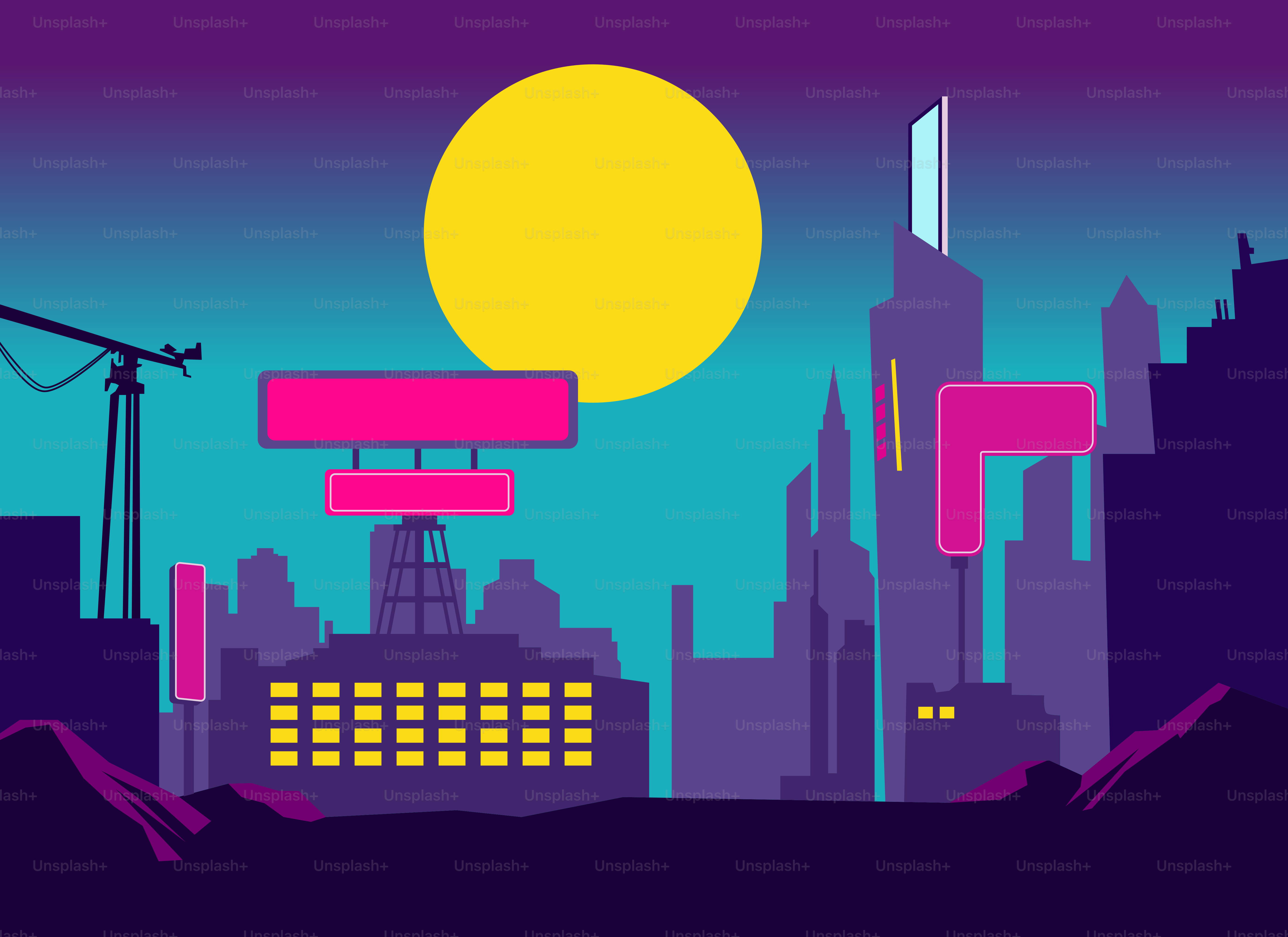 Un paisaje urbano con un sol amarillo neón de fondo
