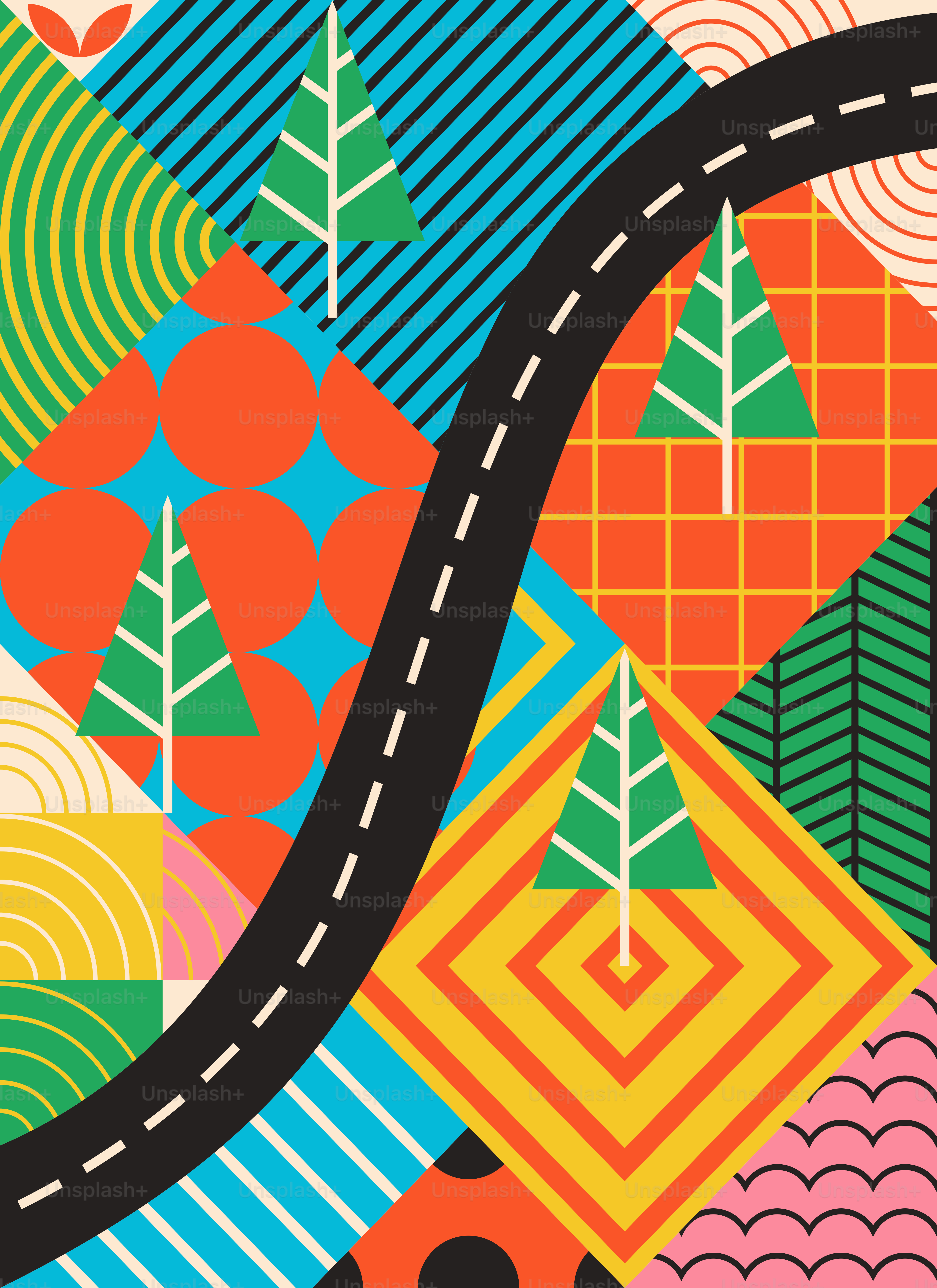 Una colorida ilustración de una carretera sinuosa con árboles