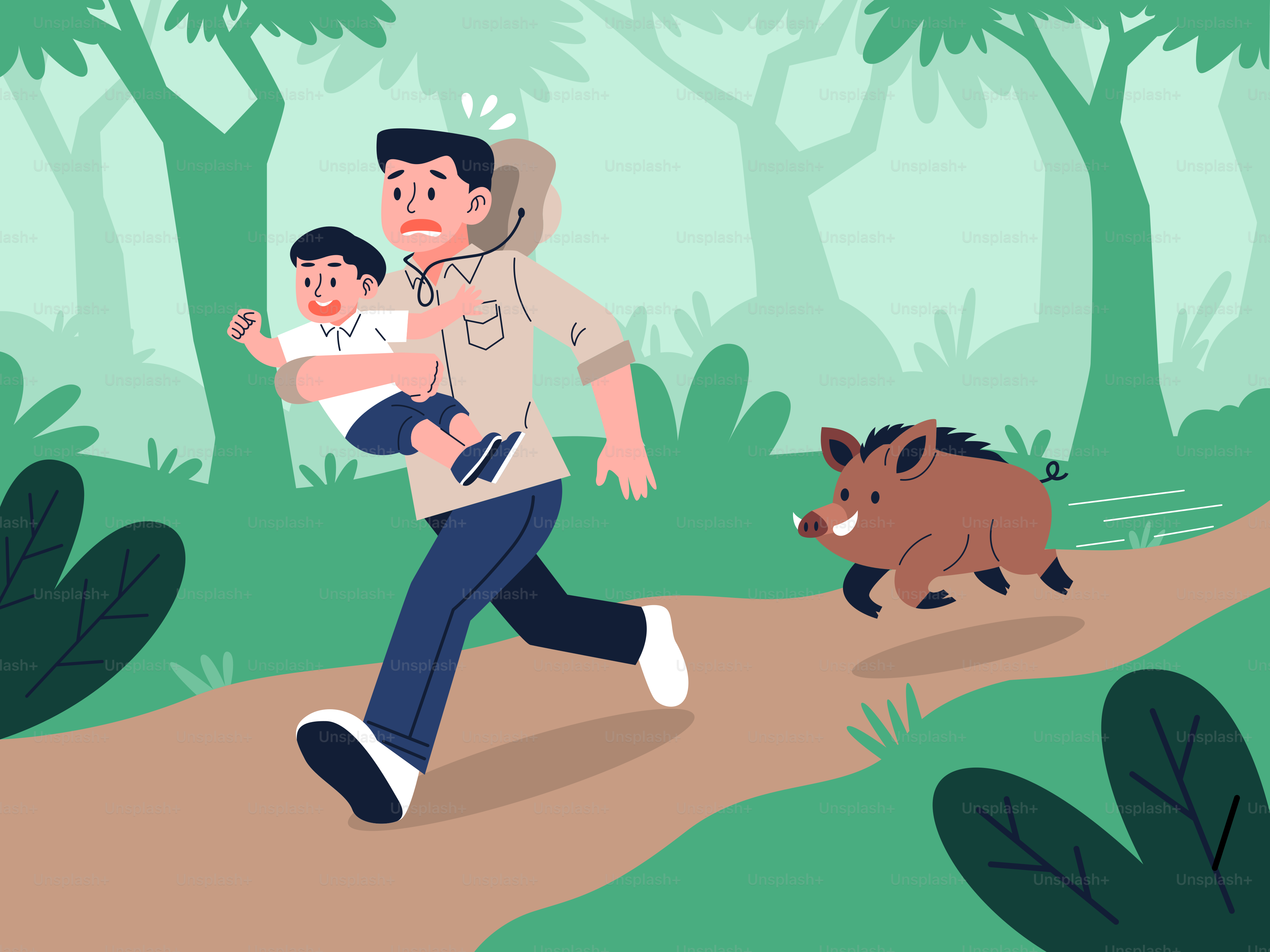 Ein Mann trägt ein Kind über einen Weg durch einen Wald