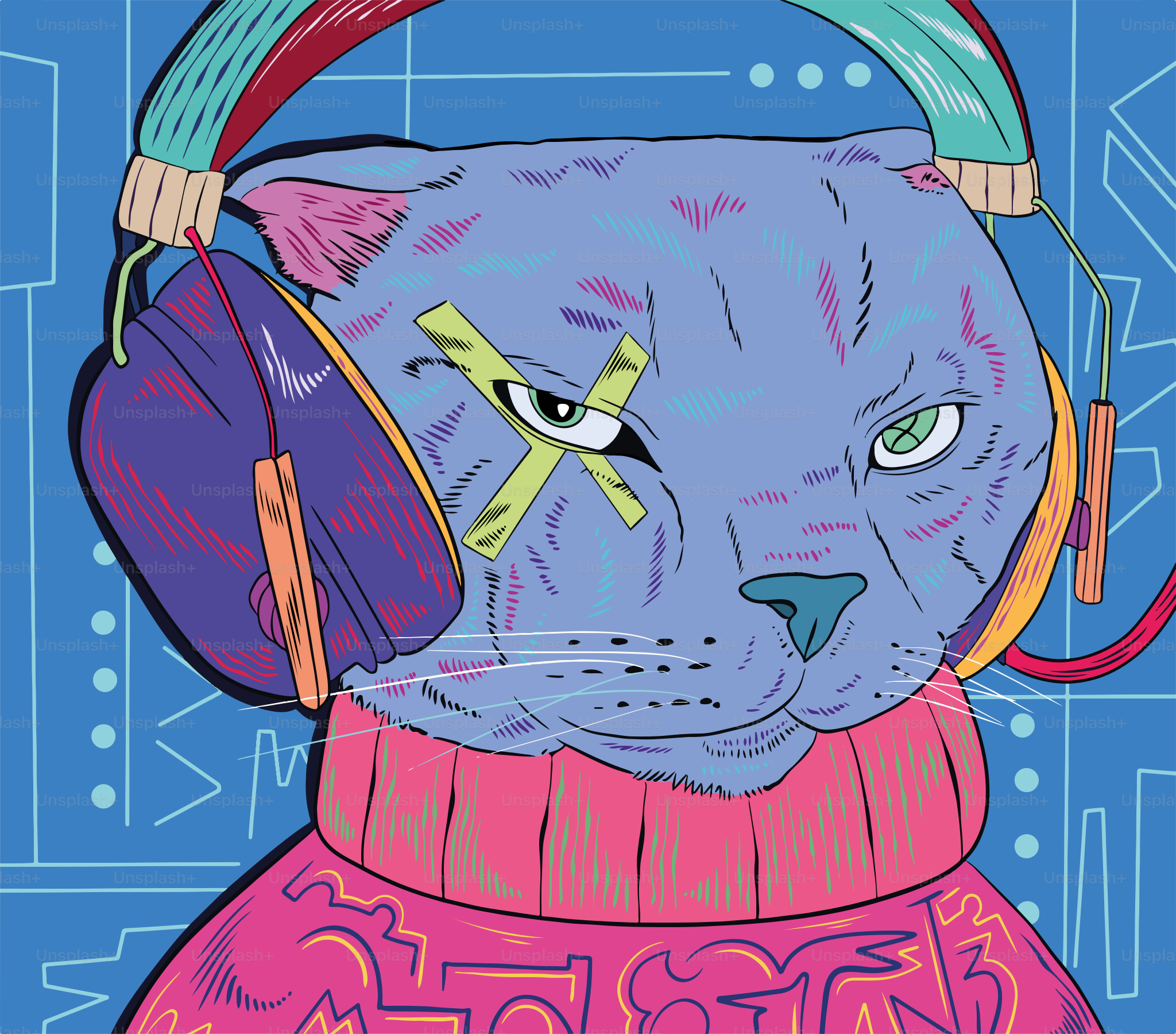 A drawing of a cat wearing headphones and a sweater