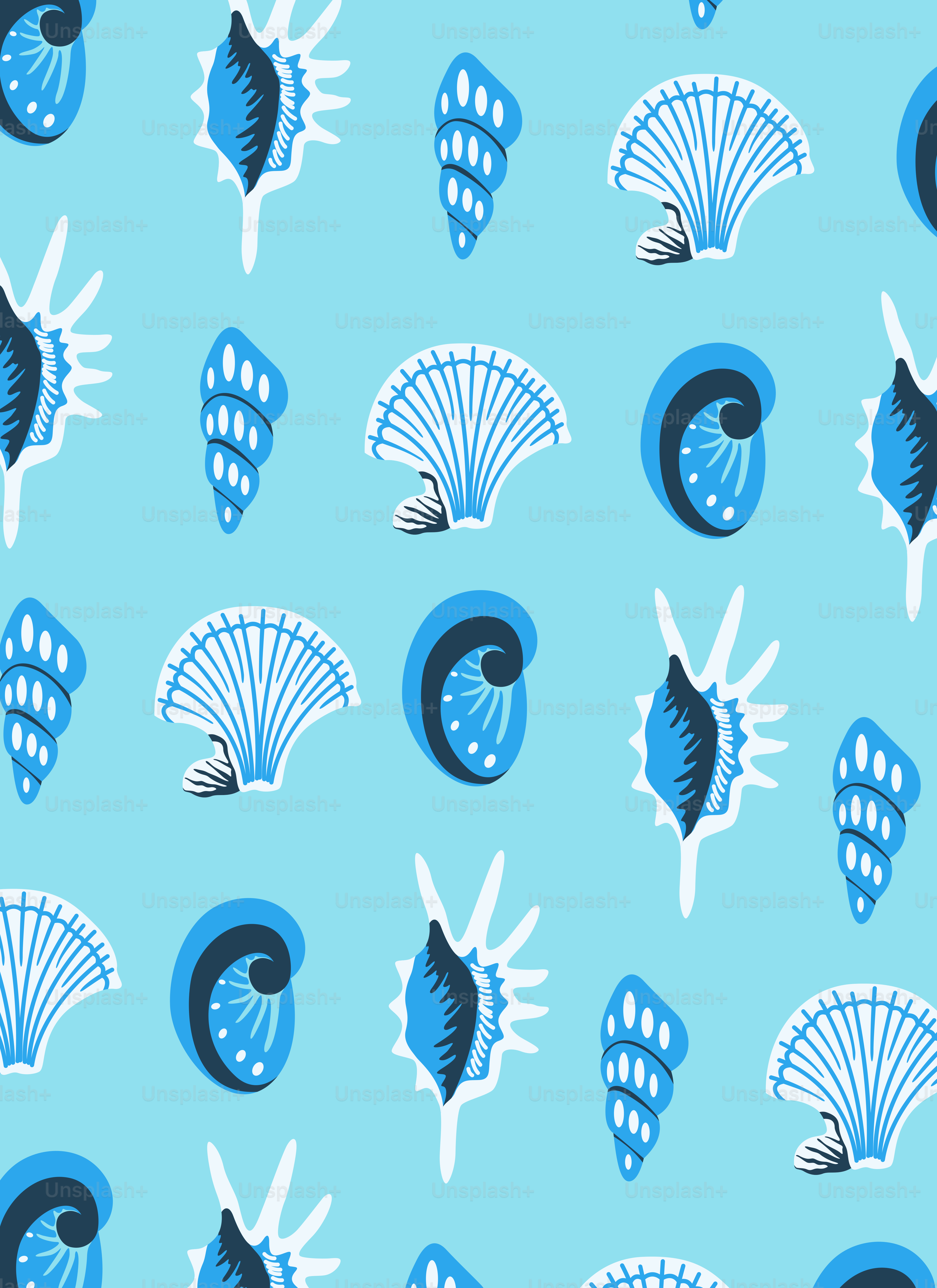 A blue and white pattern with shells on it vector – Background Image on ...