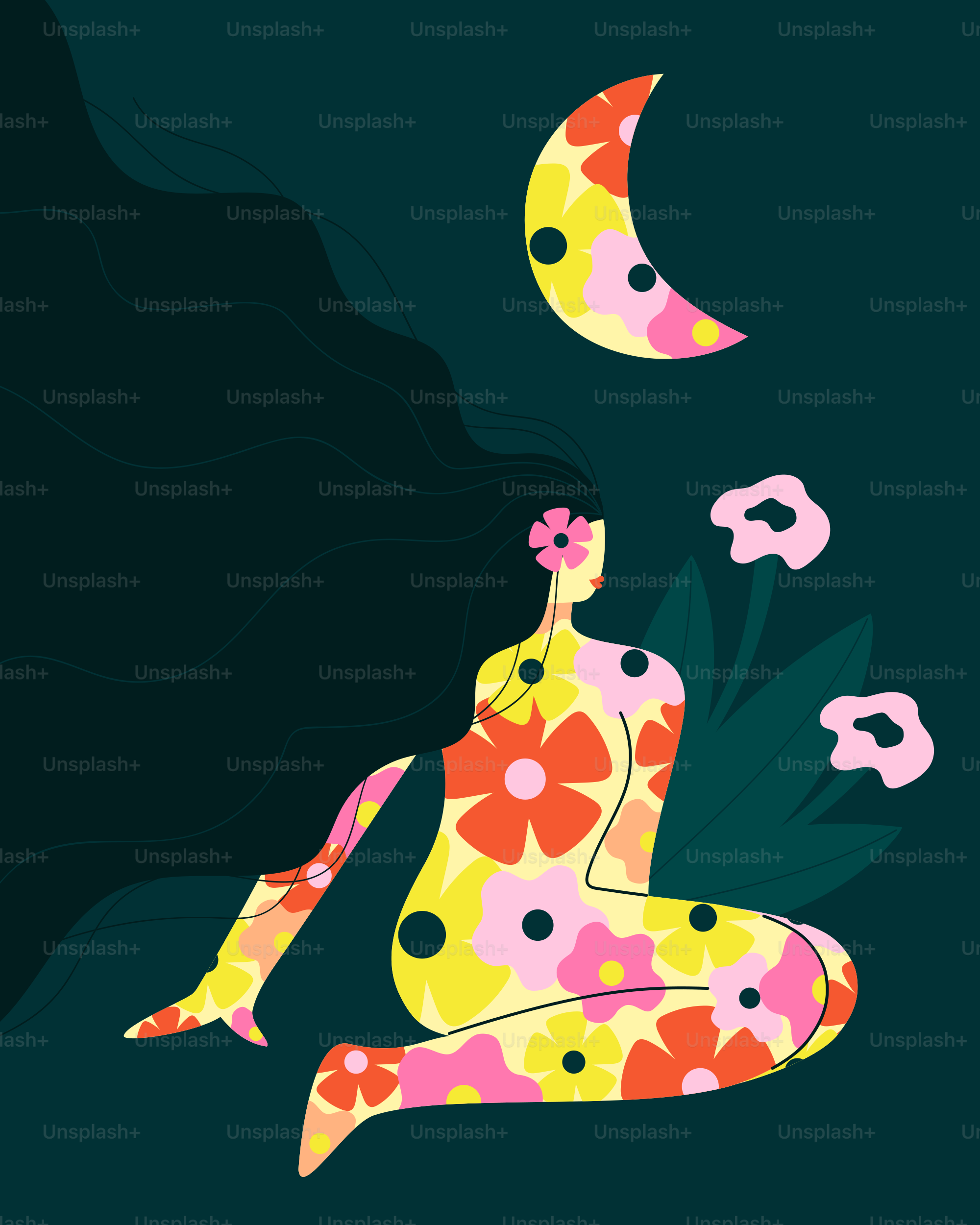 Eine Frau, die in einer Lotusposition sitzt, mit dem Mond im Hintergrund