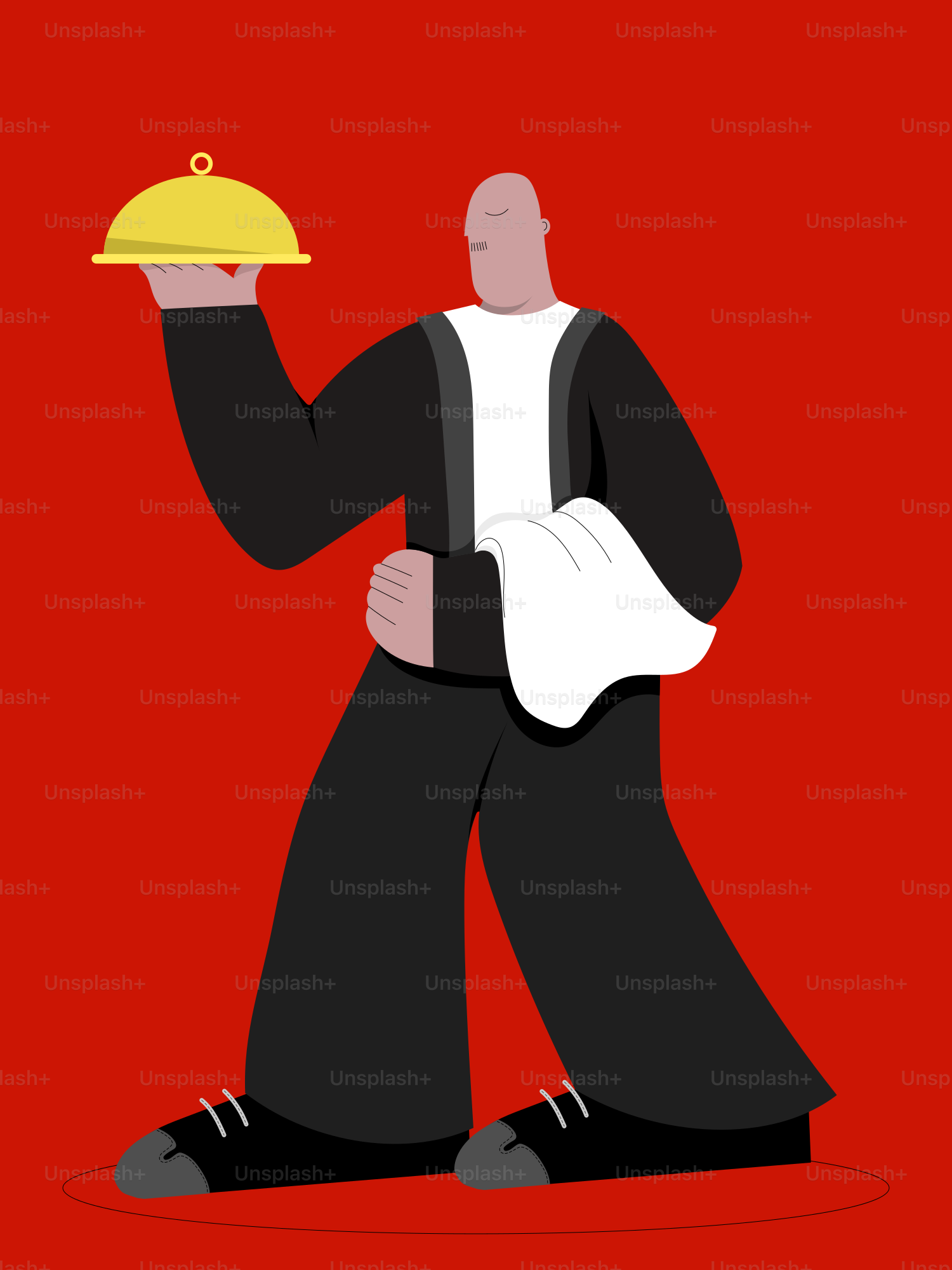 A man holding a tray of food on a red background