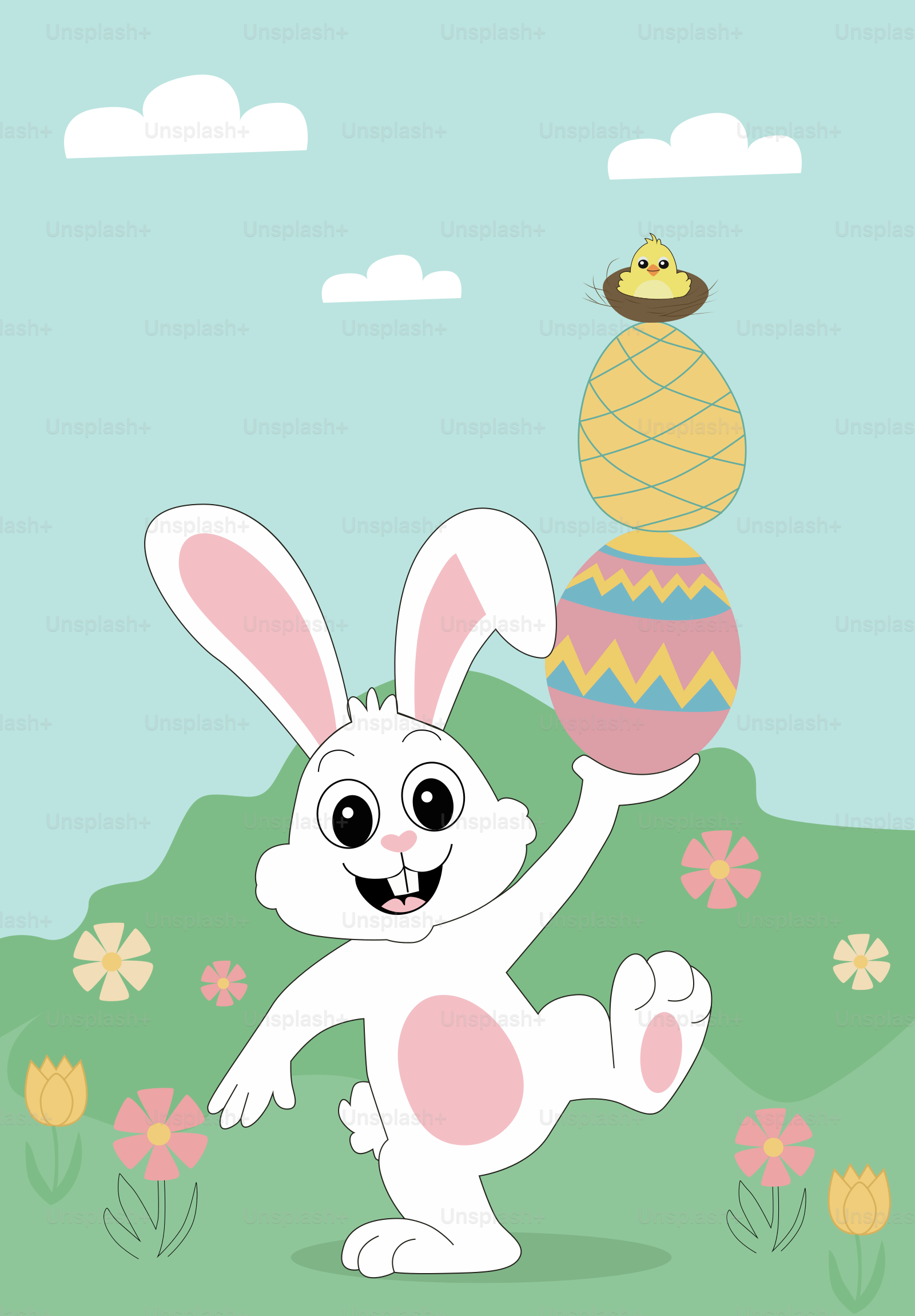 Un lapin de dessin animé tenant un easter egg sur une colline