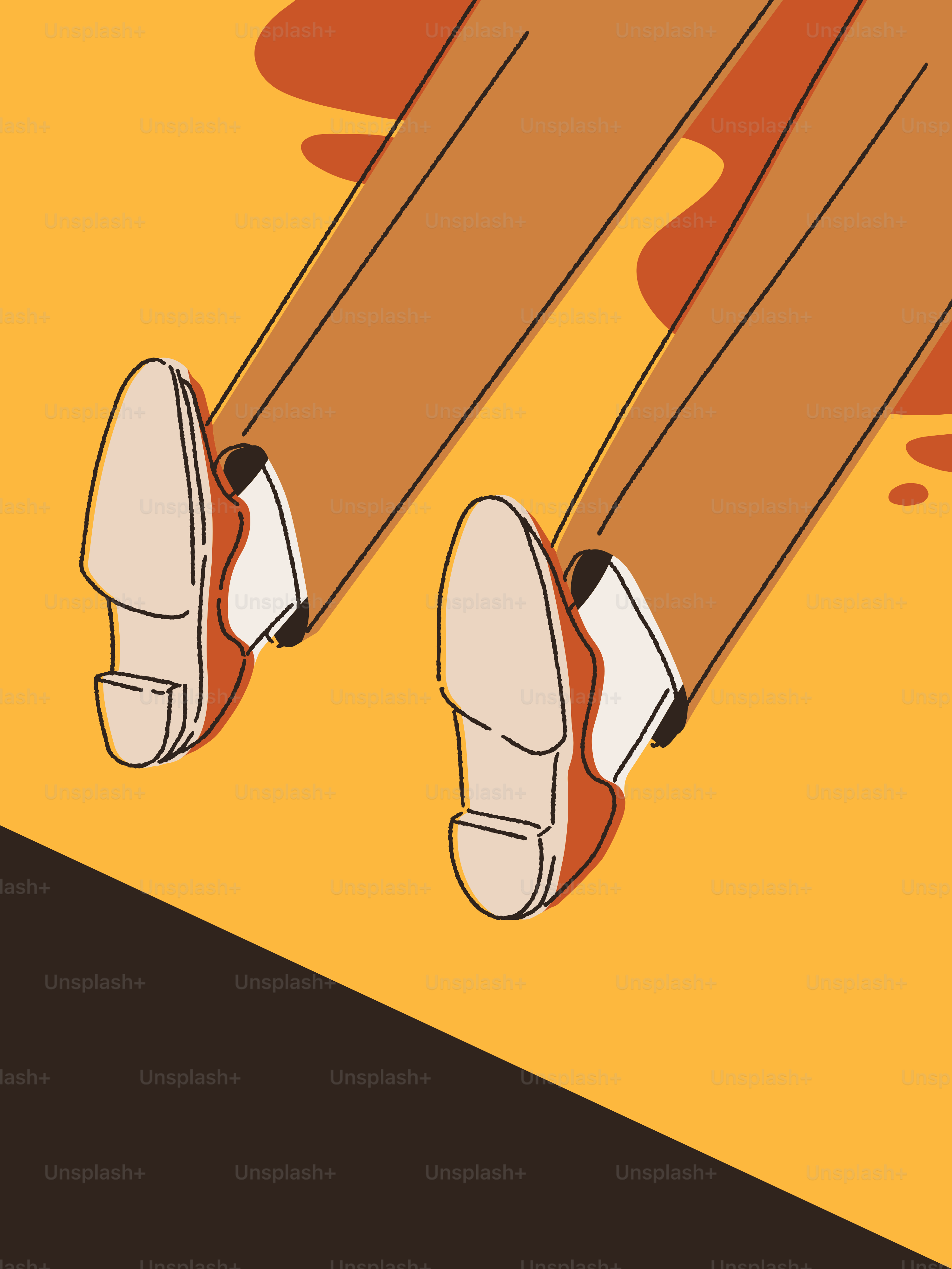 A pair of legs with white shoes on a yellow background