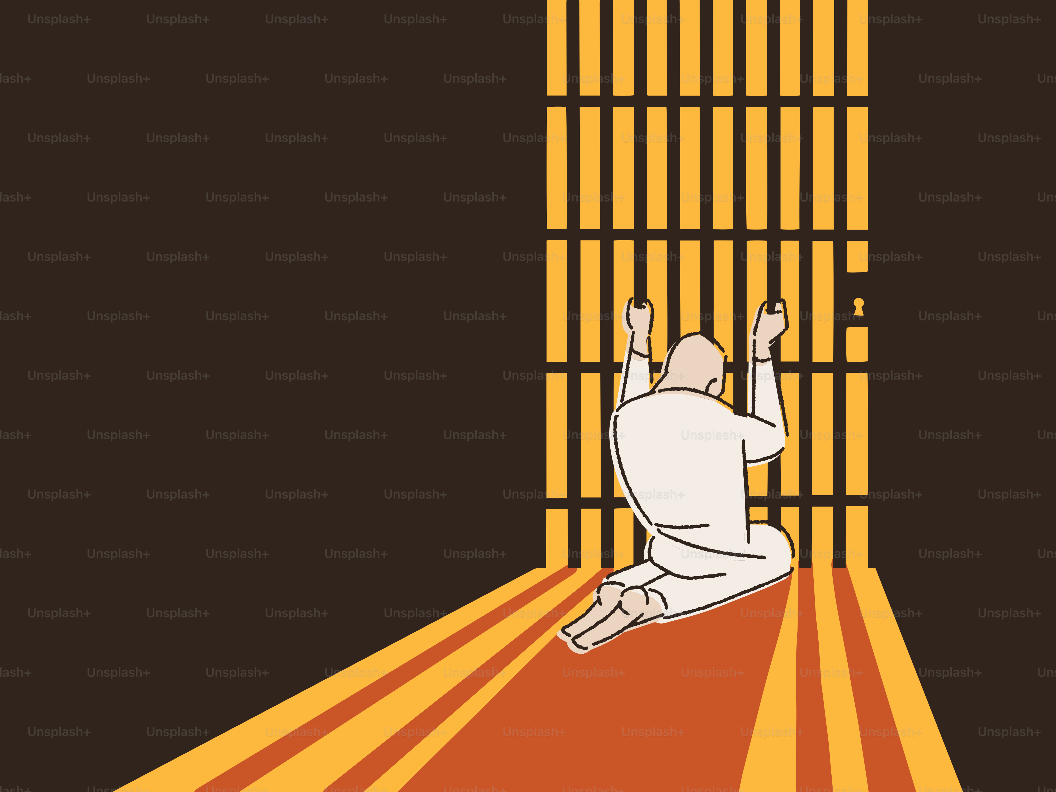 Un homme assis par terre devant une cellule de prison