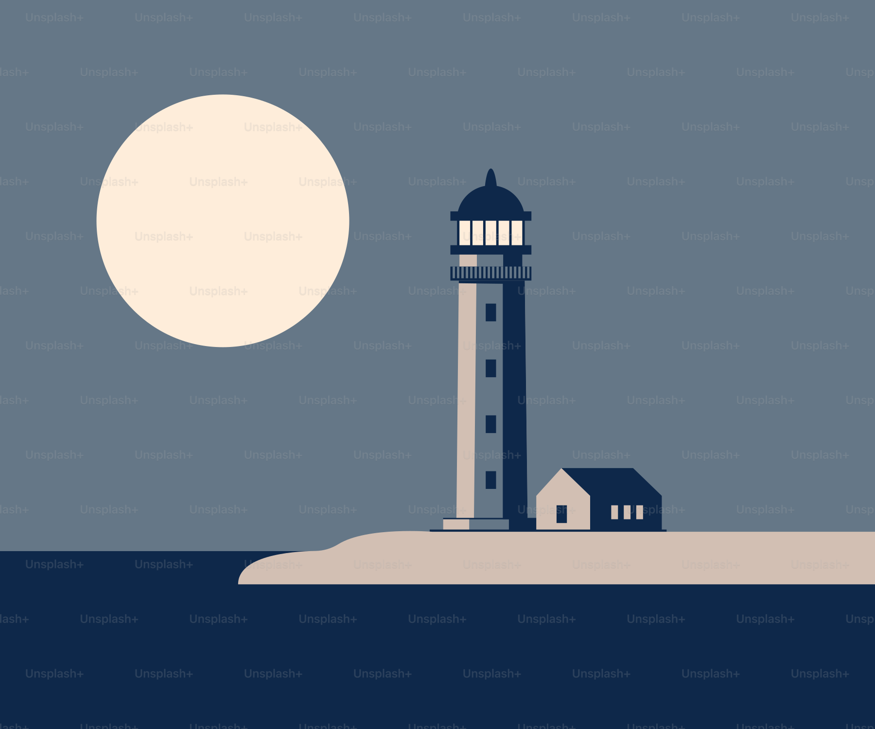 A lighthouse on an island with a full moon in the background