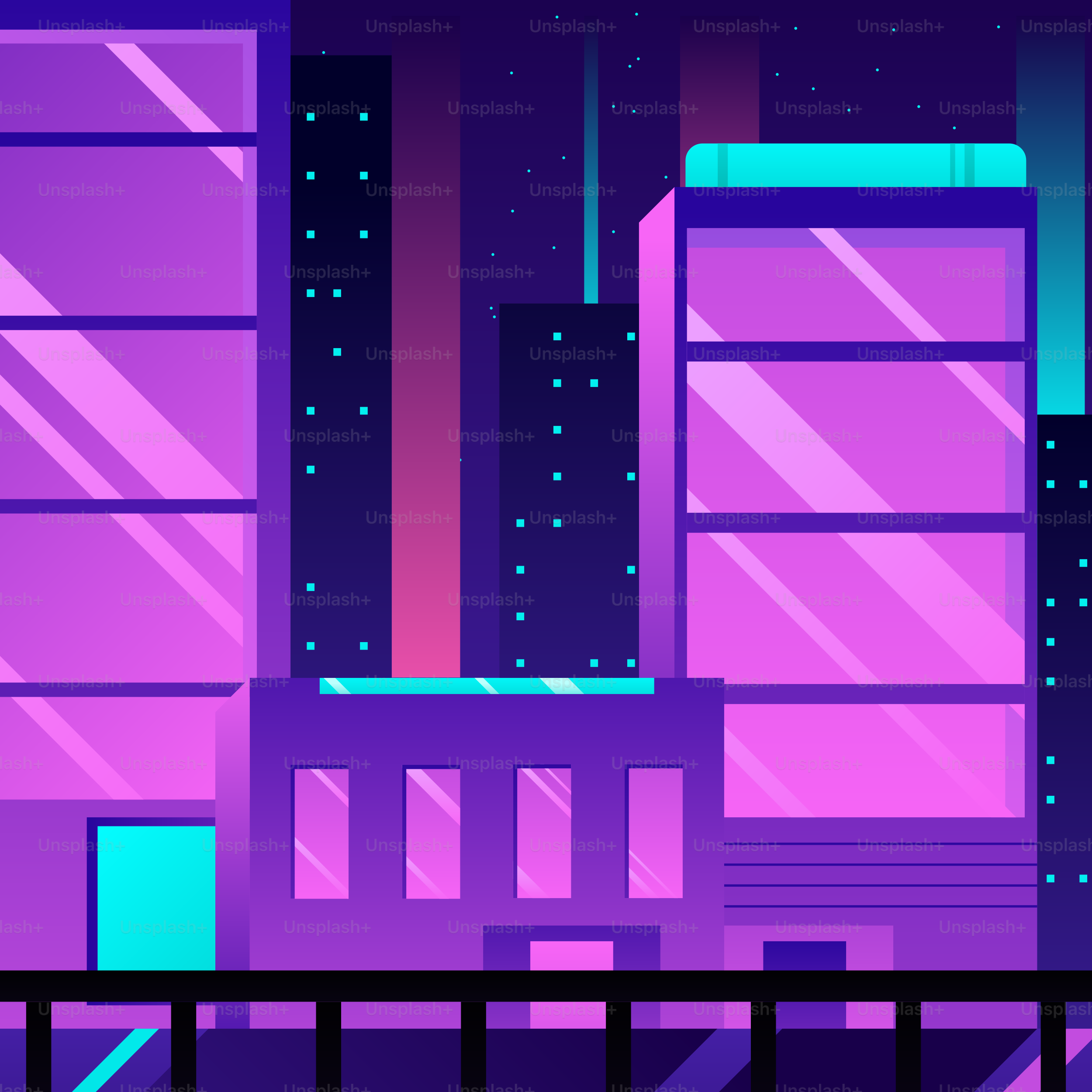 A purple and blue cityscape with tall buildings