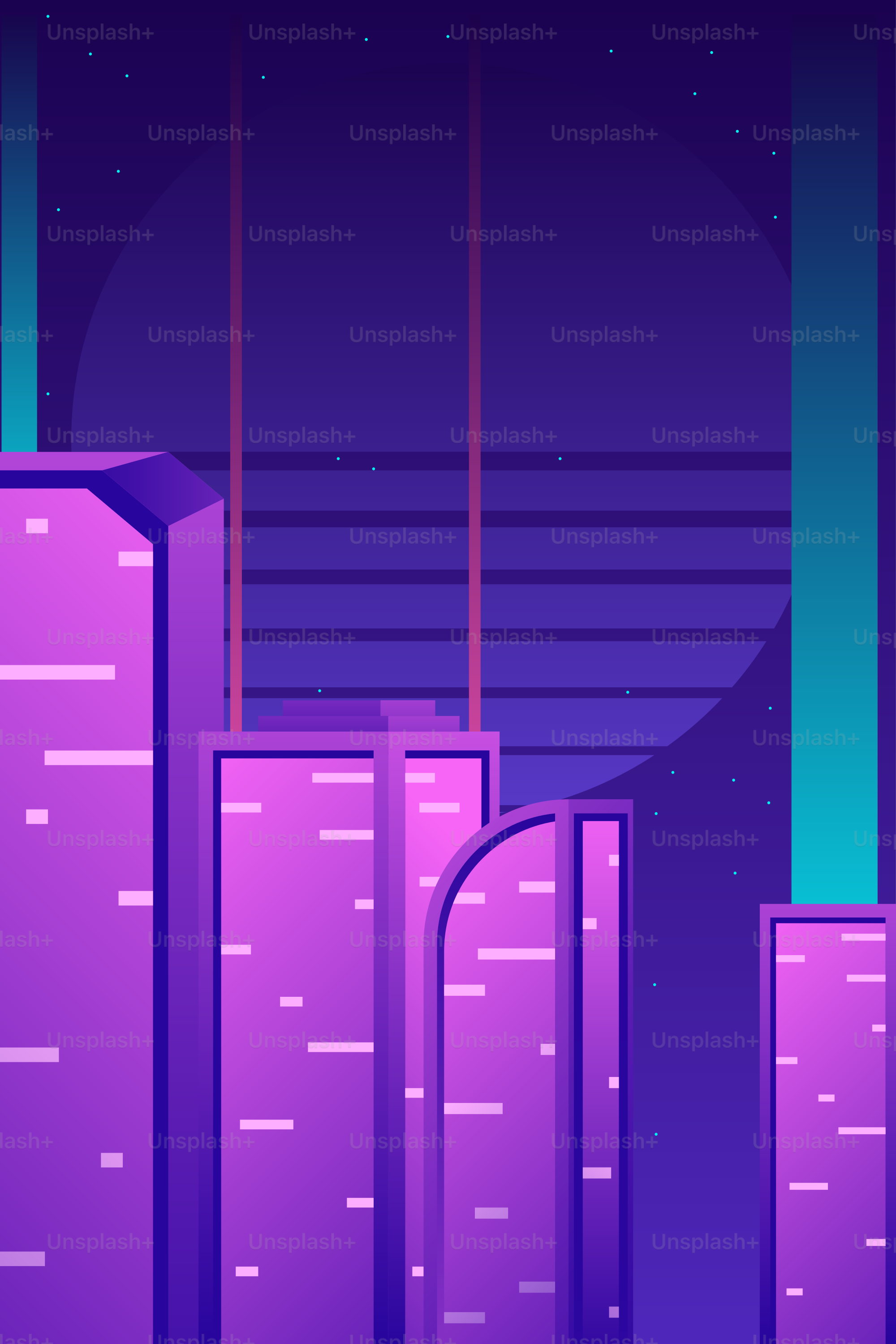 A purple city with tall buildings in the background