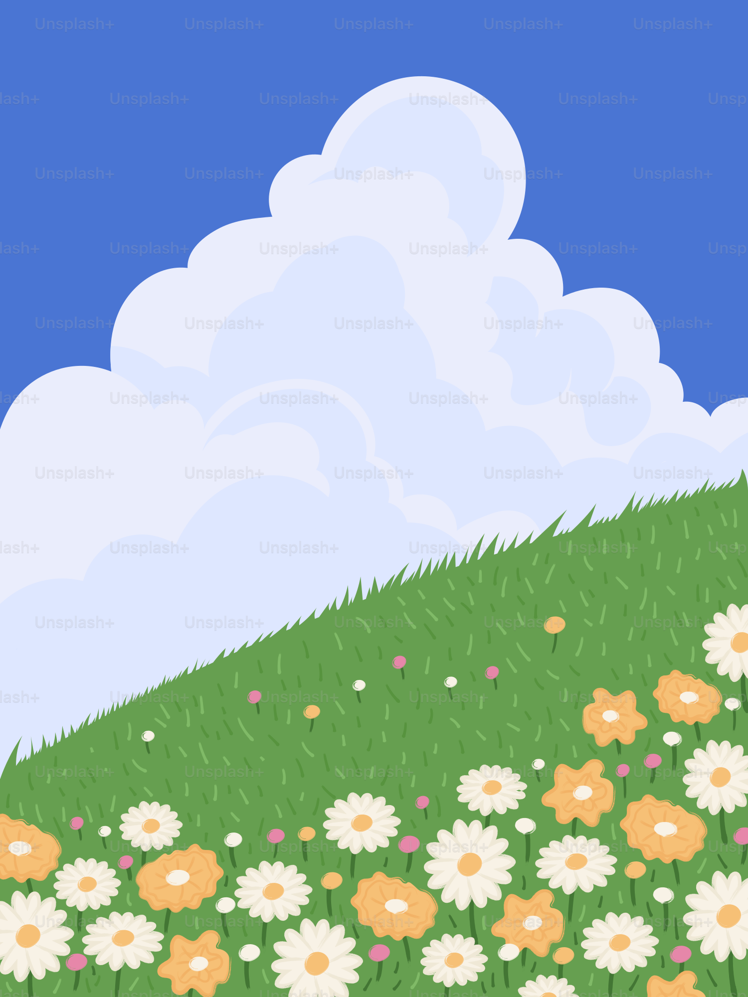 A painting of a grassy hill with flowers and clouds in the background