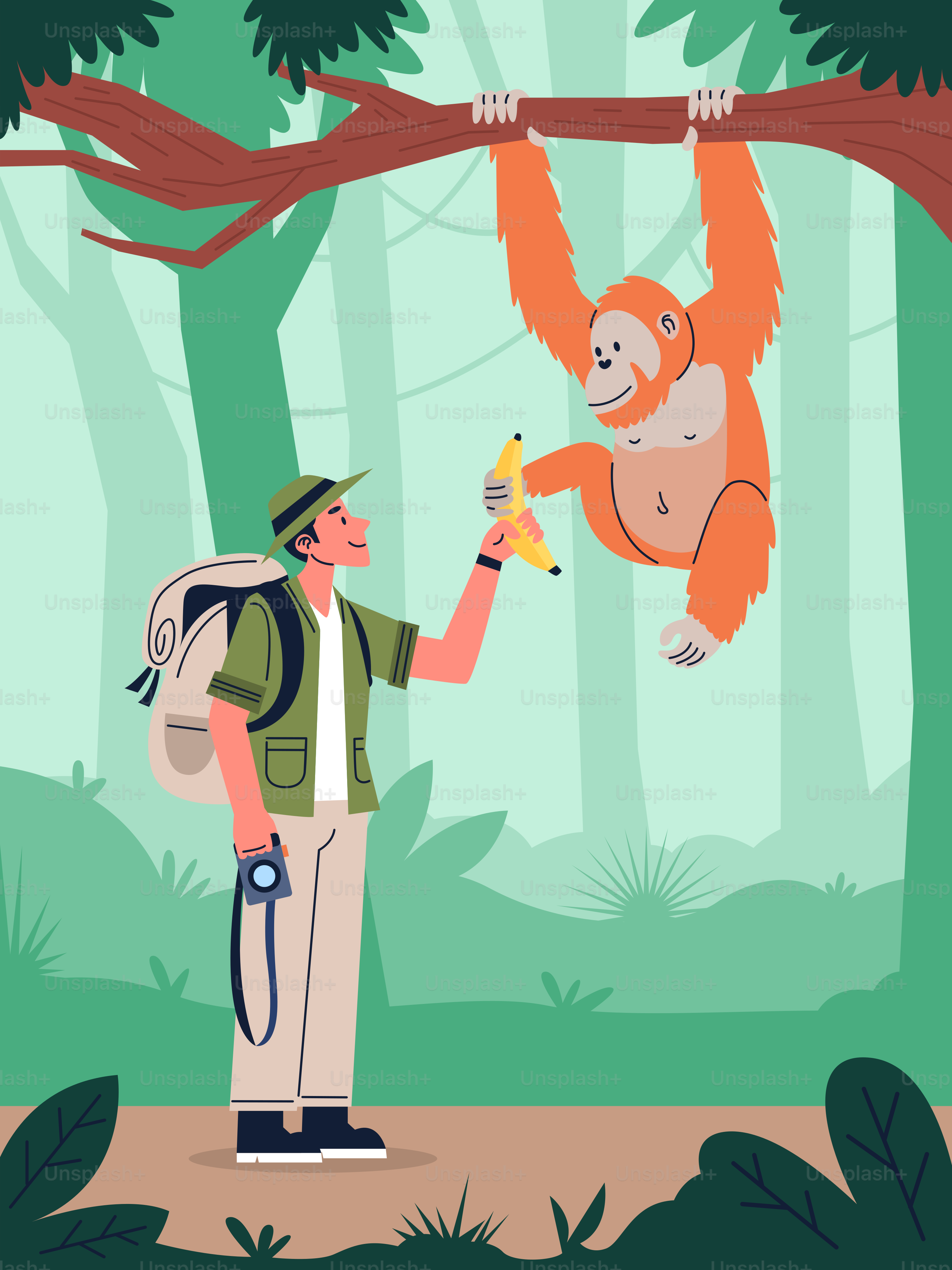 Ein Mann mit einer Banane und ein Affe, der an einem Baum hängt