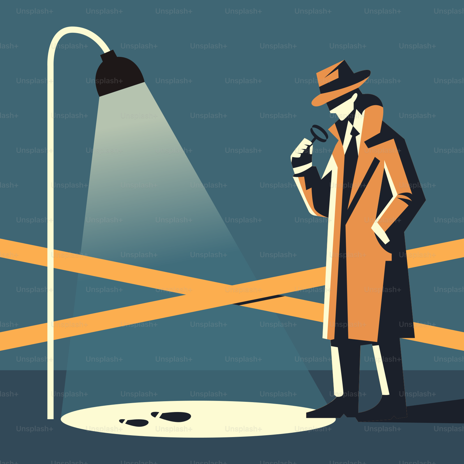 Un homme en imperméable regardant une lampe