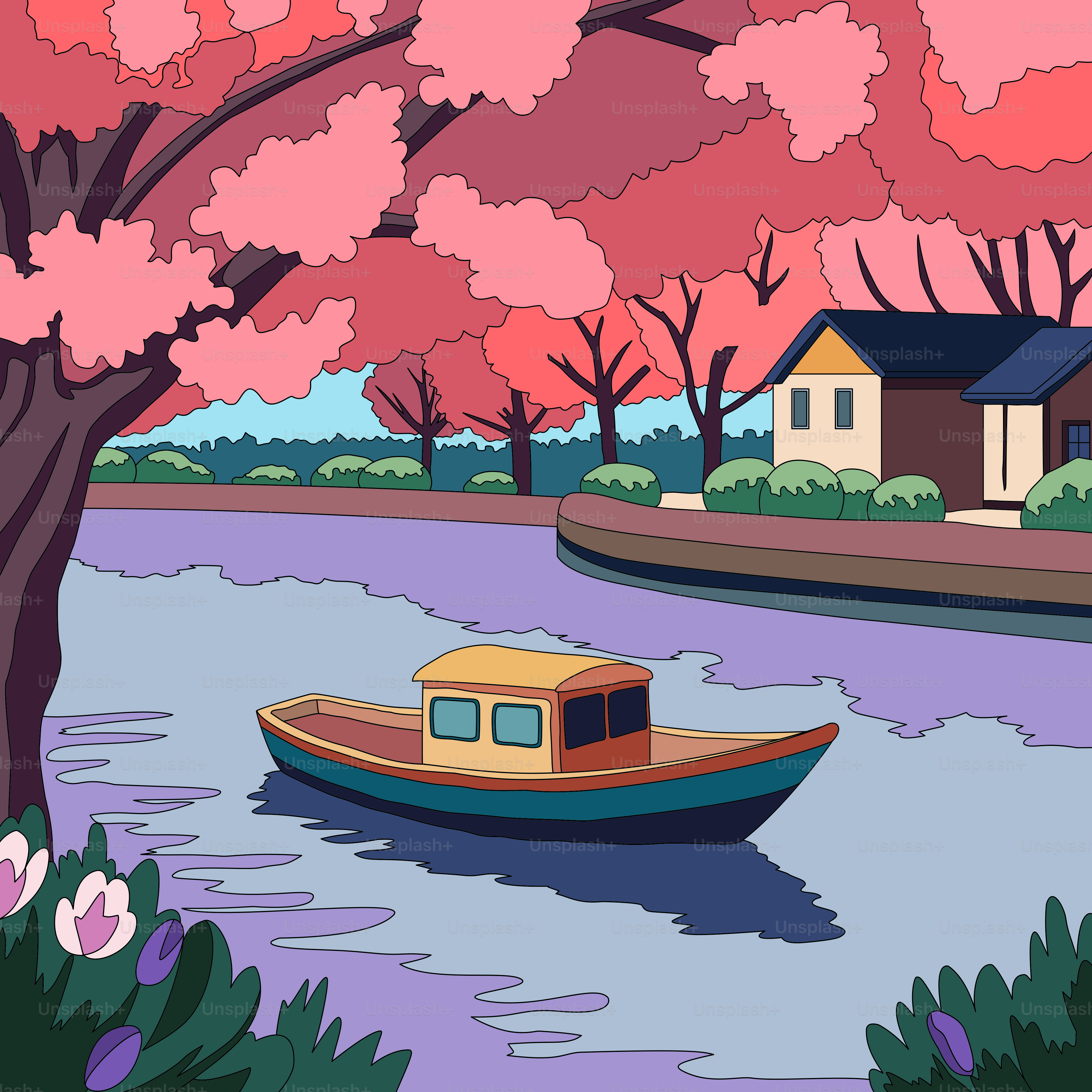 A boat floating on top of a river next to a lush green forest