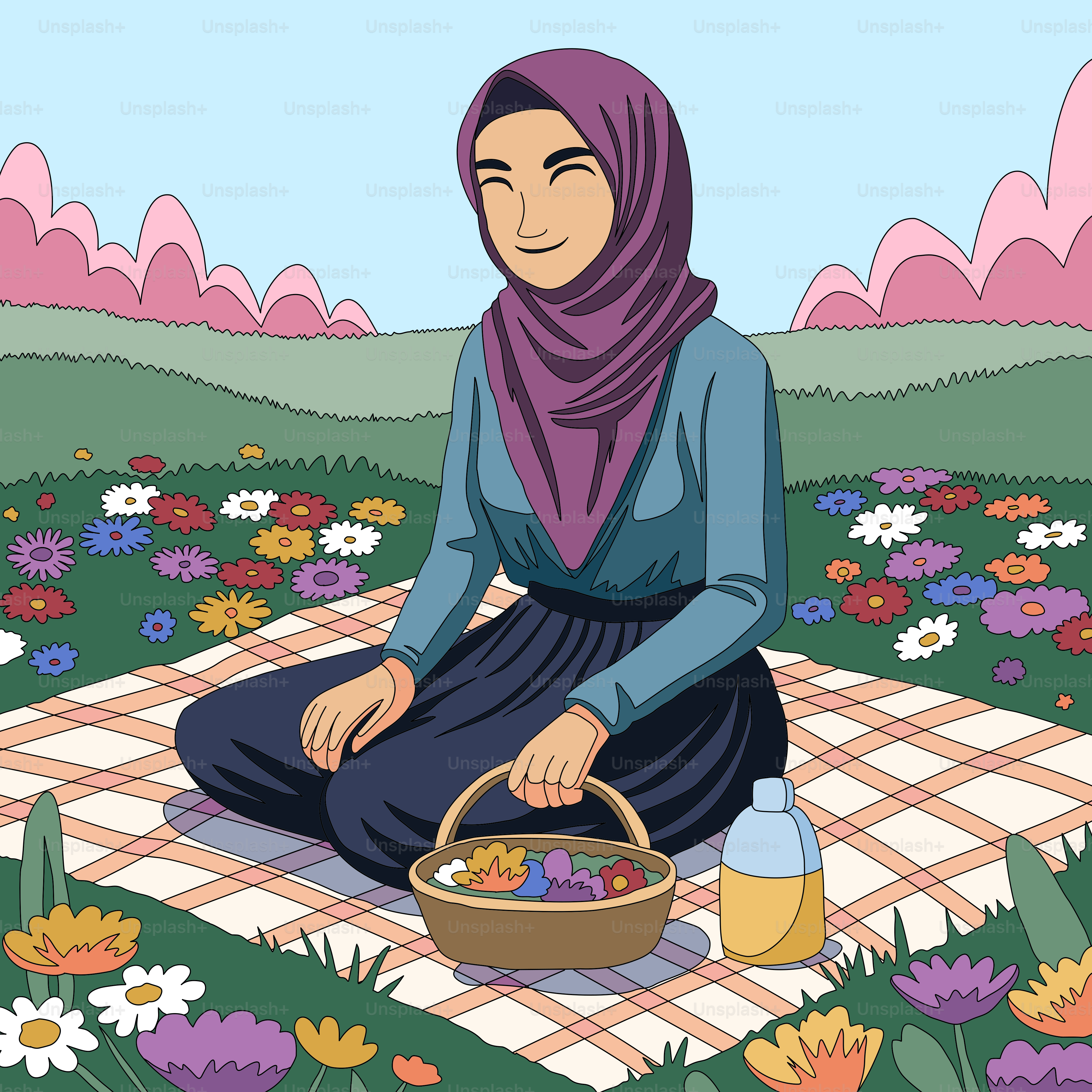 Seorang wanita duduk di atas selimut dengan sekeranjang telur