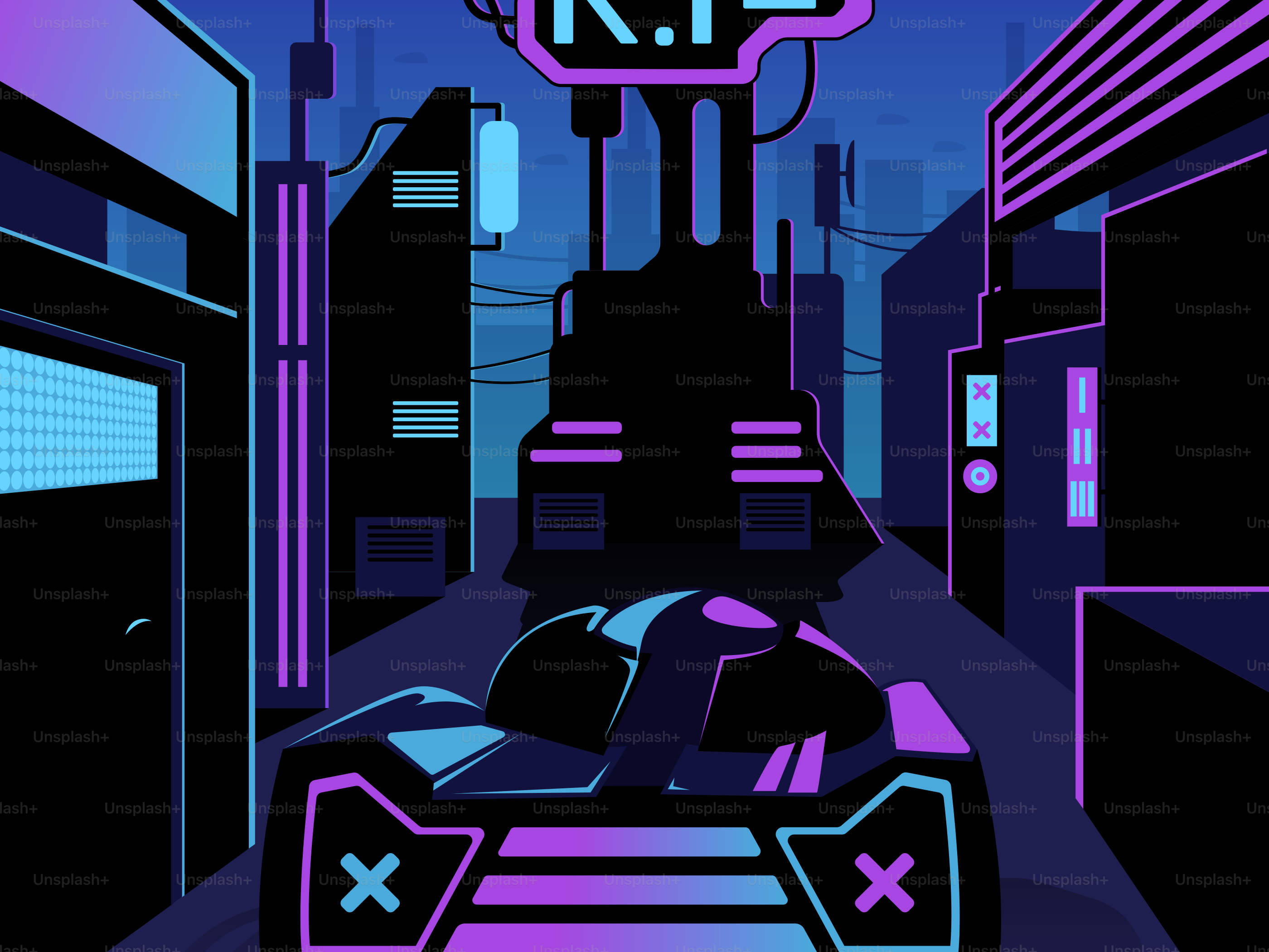 A car driving down a street next to tall buildings