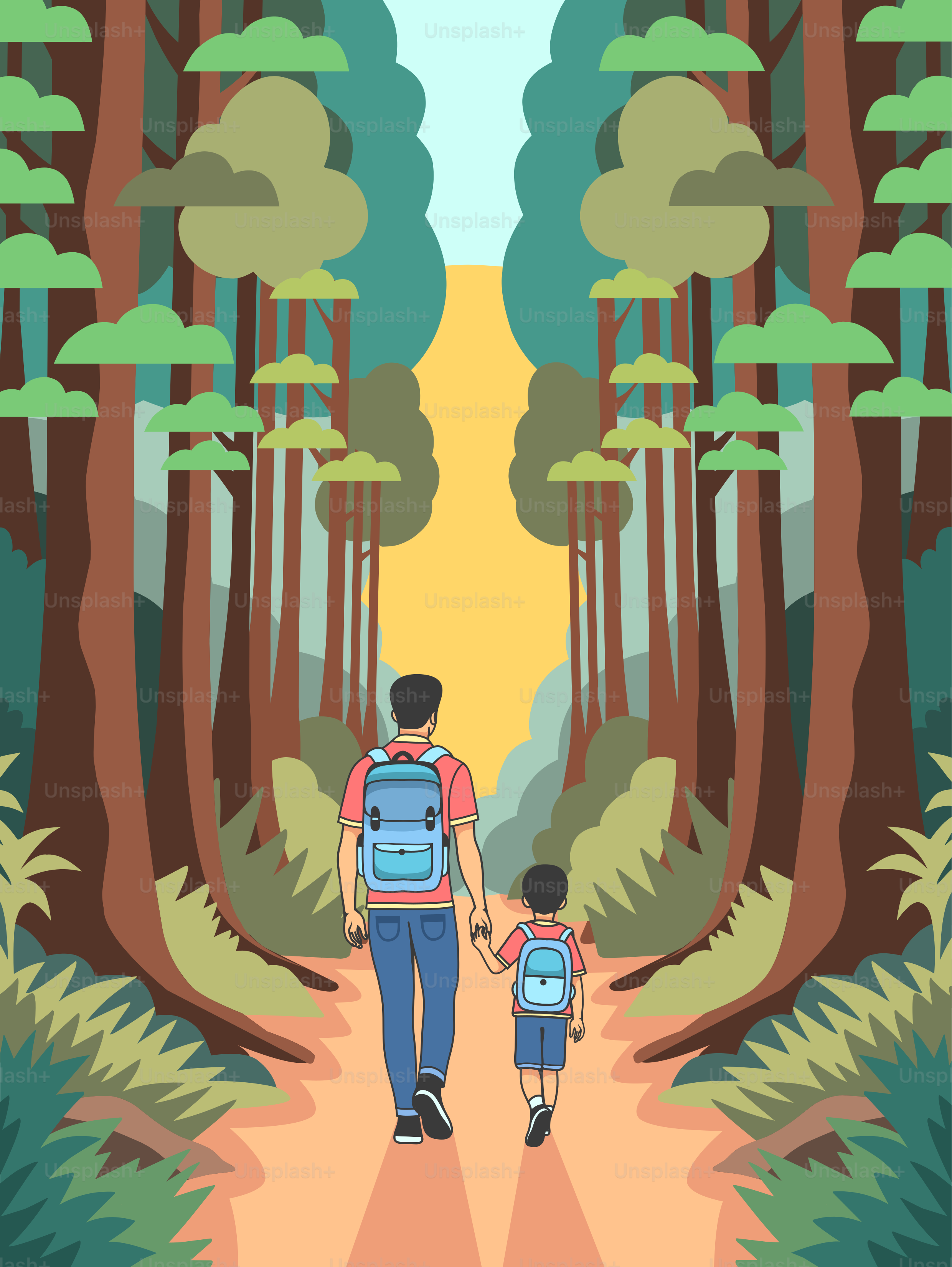 A man and a child walking down a path through a forest