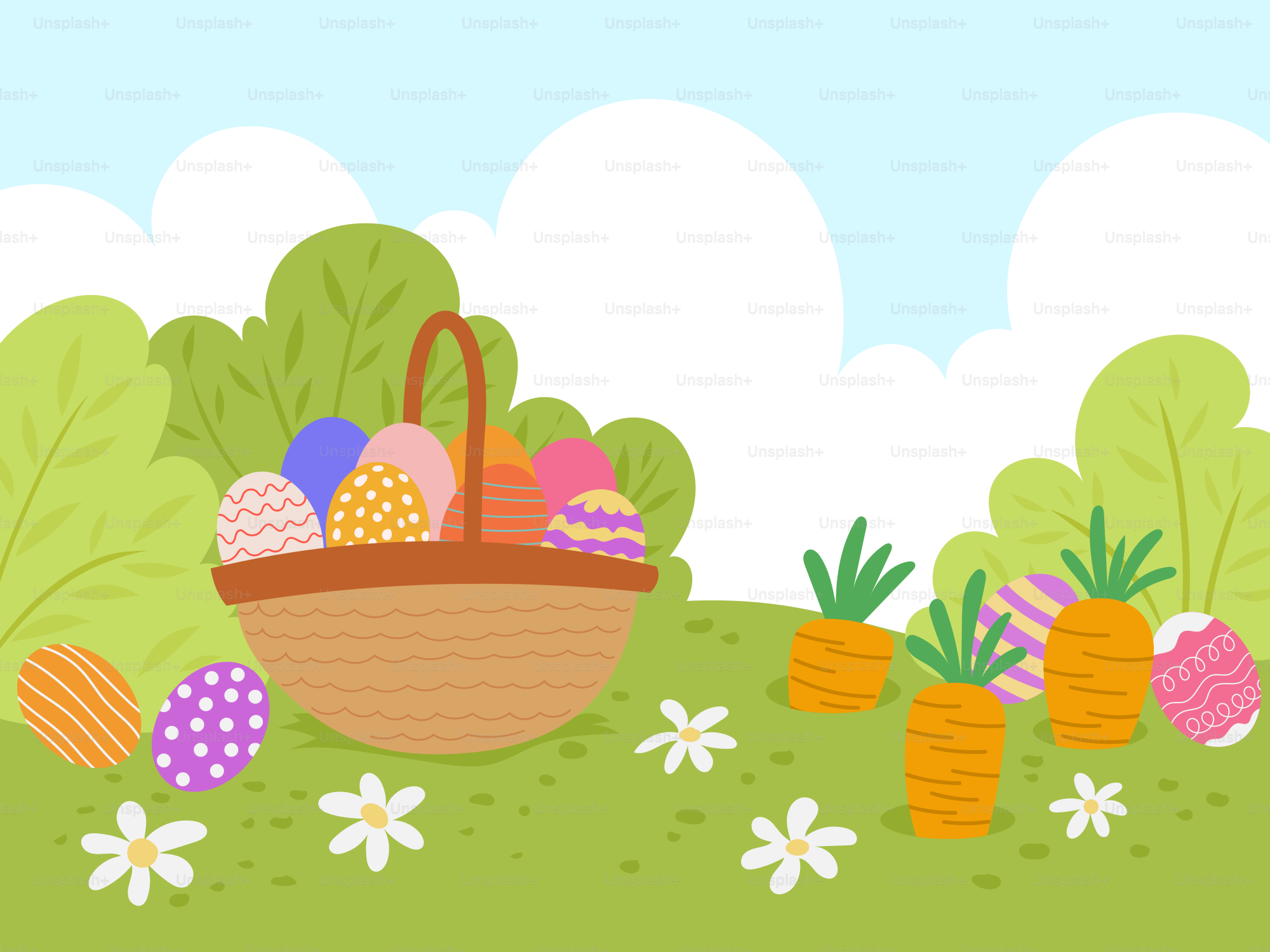 A basket full of colorful eggs sitting on top of a green field