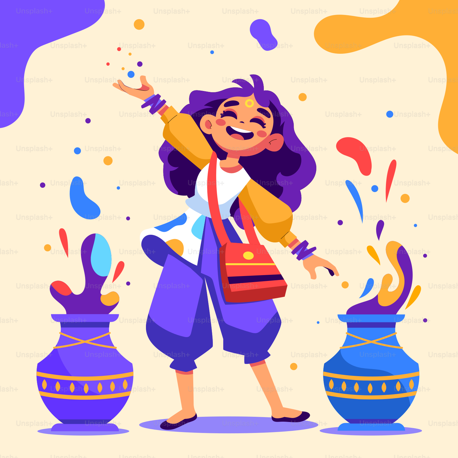 A woman standing in front of two vases