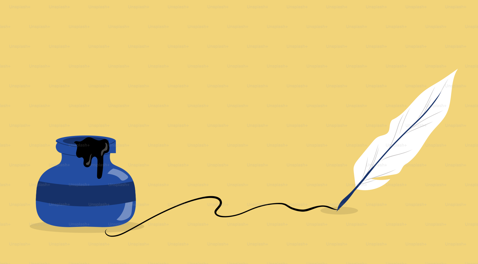 A blue vase with a white feather on a yellow background