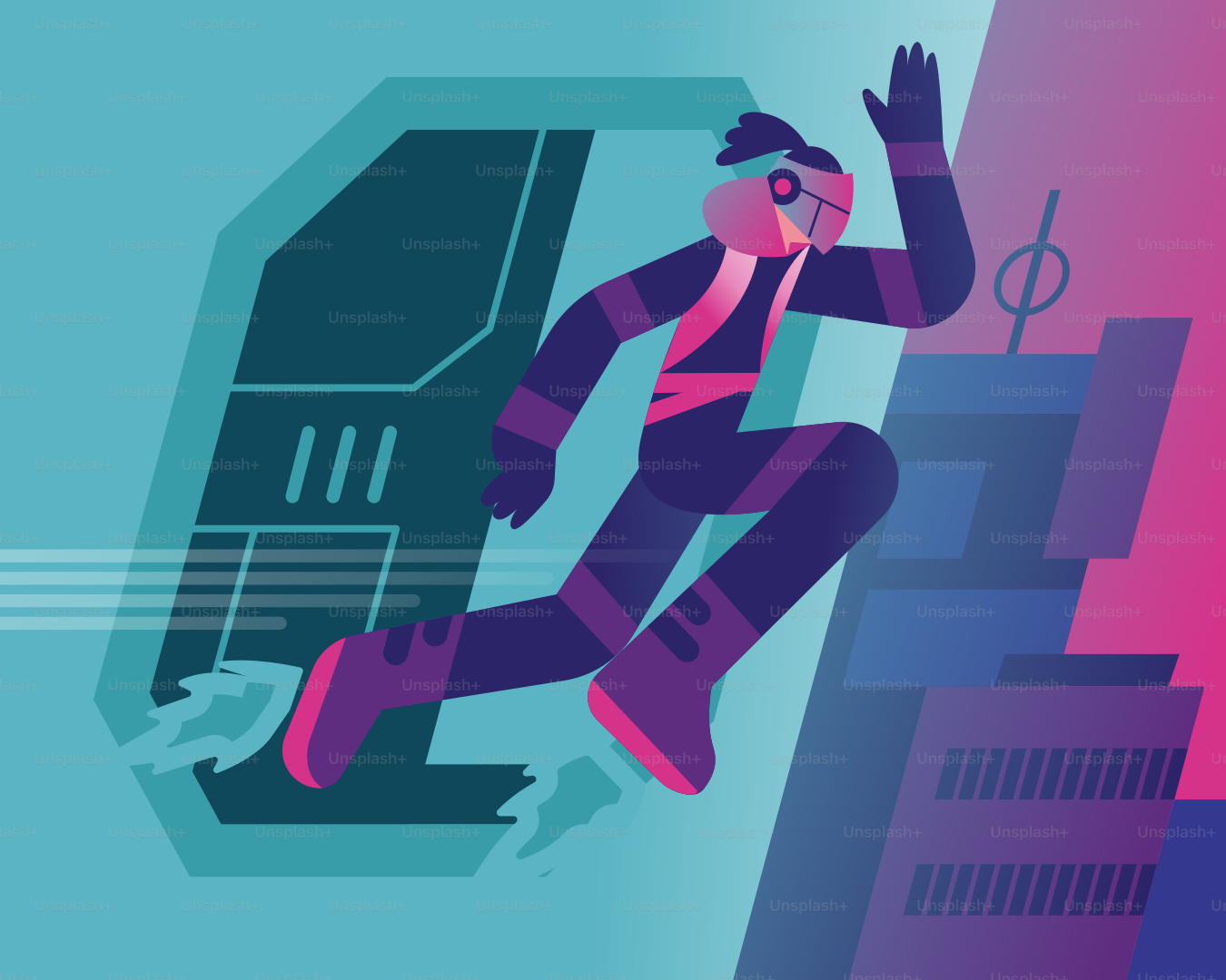 A man in a suit and headphones jumping over a city