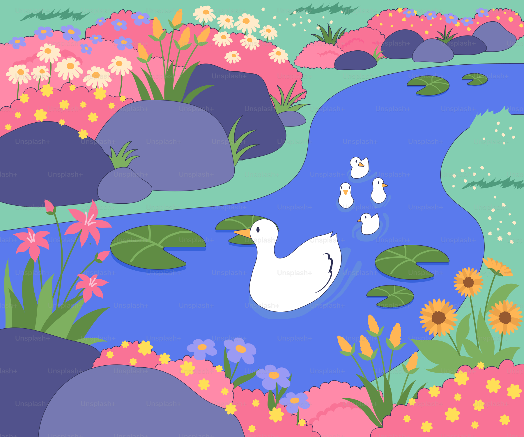 Uma pintura de um lago com patos e flores
