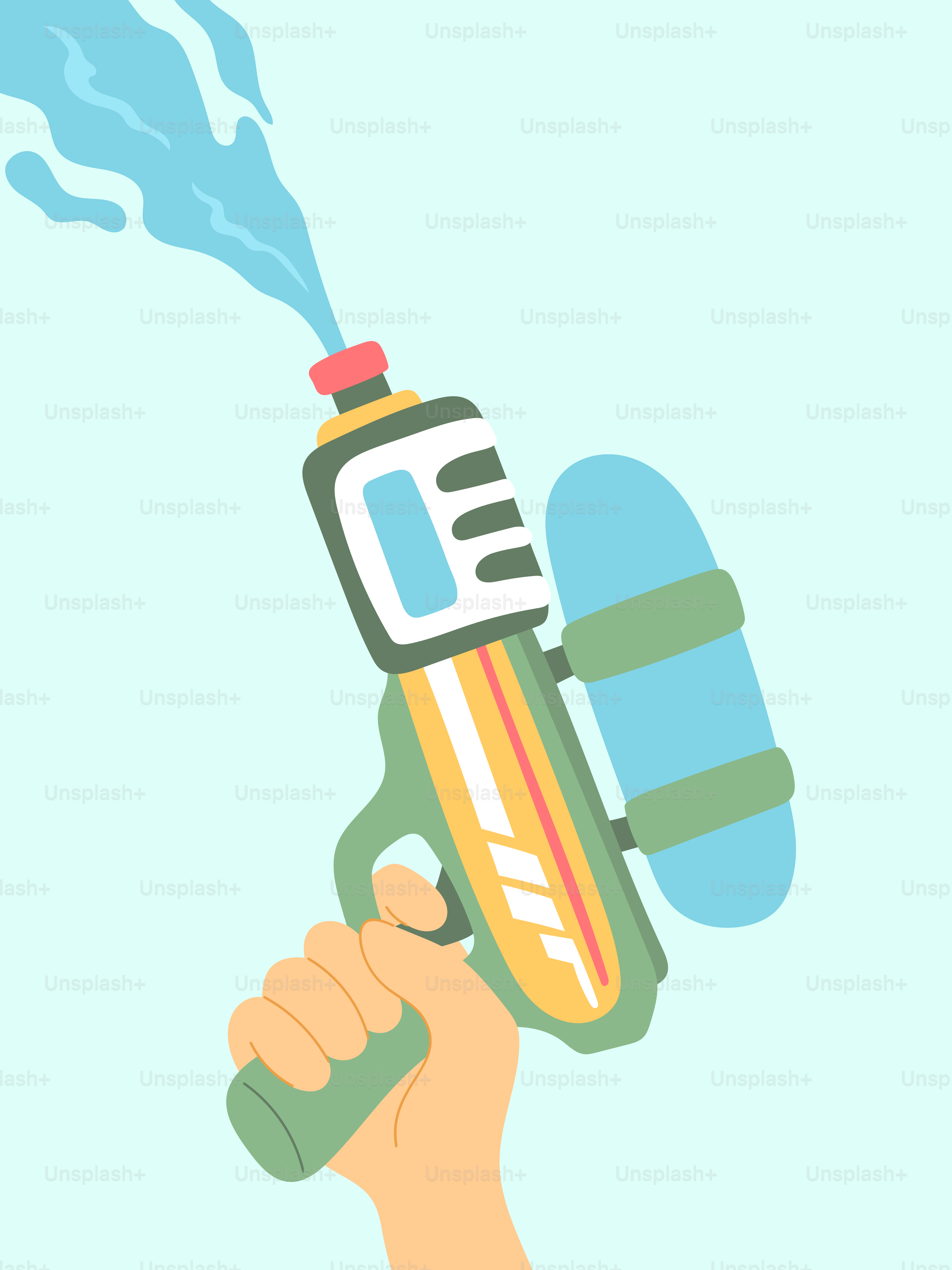 Tangan memegang botol semprot dengan zat biru keluar darinya