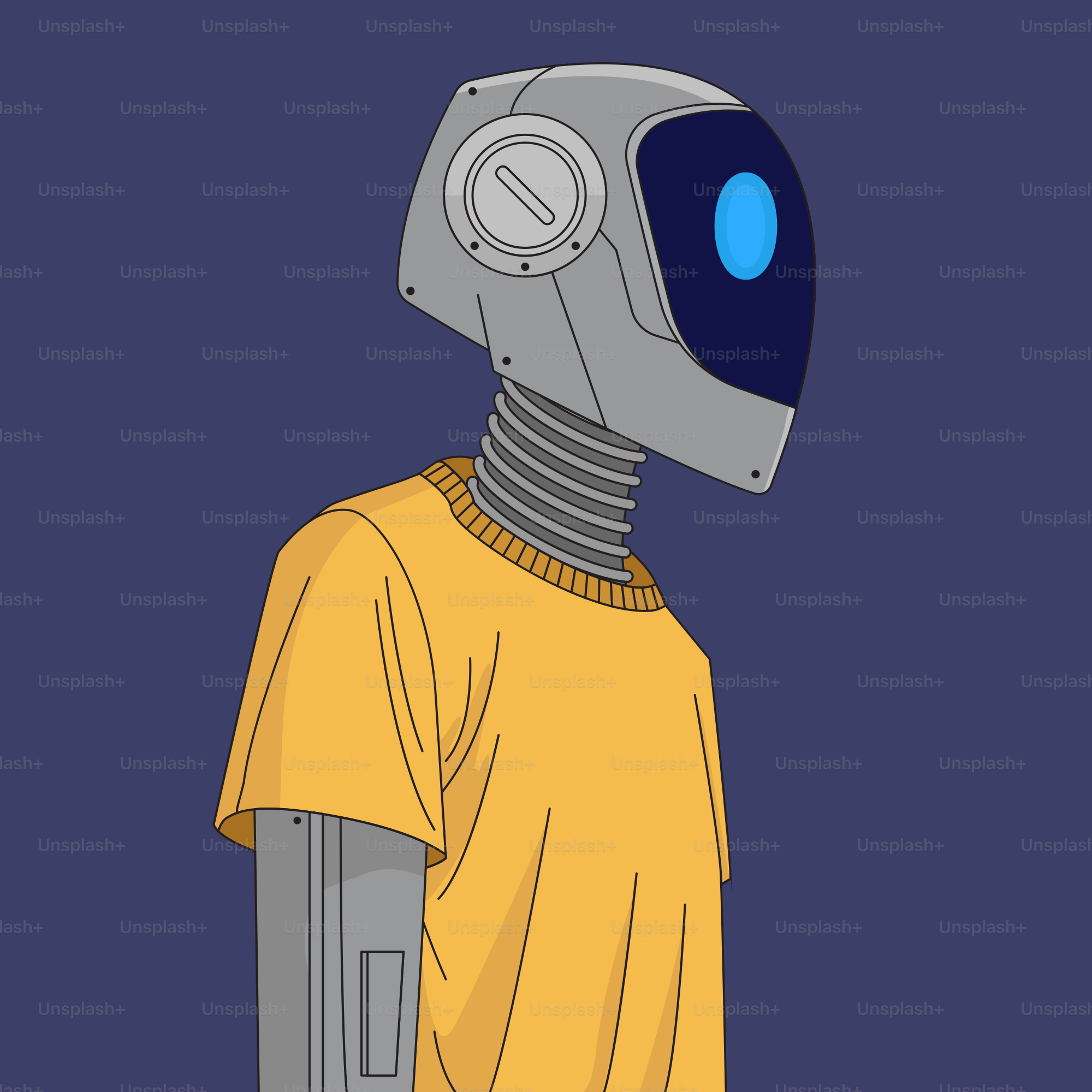 A man in a yellow shirt with a robot mask on