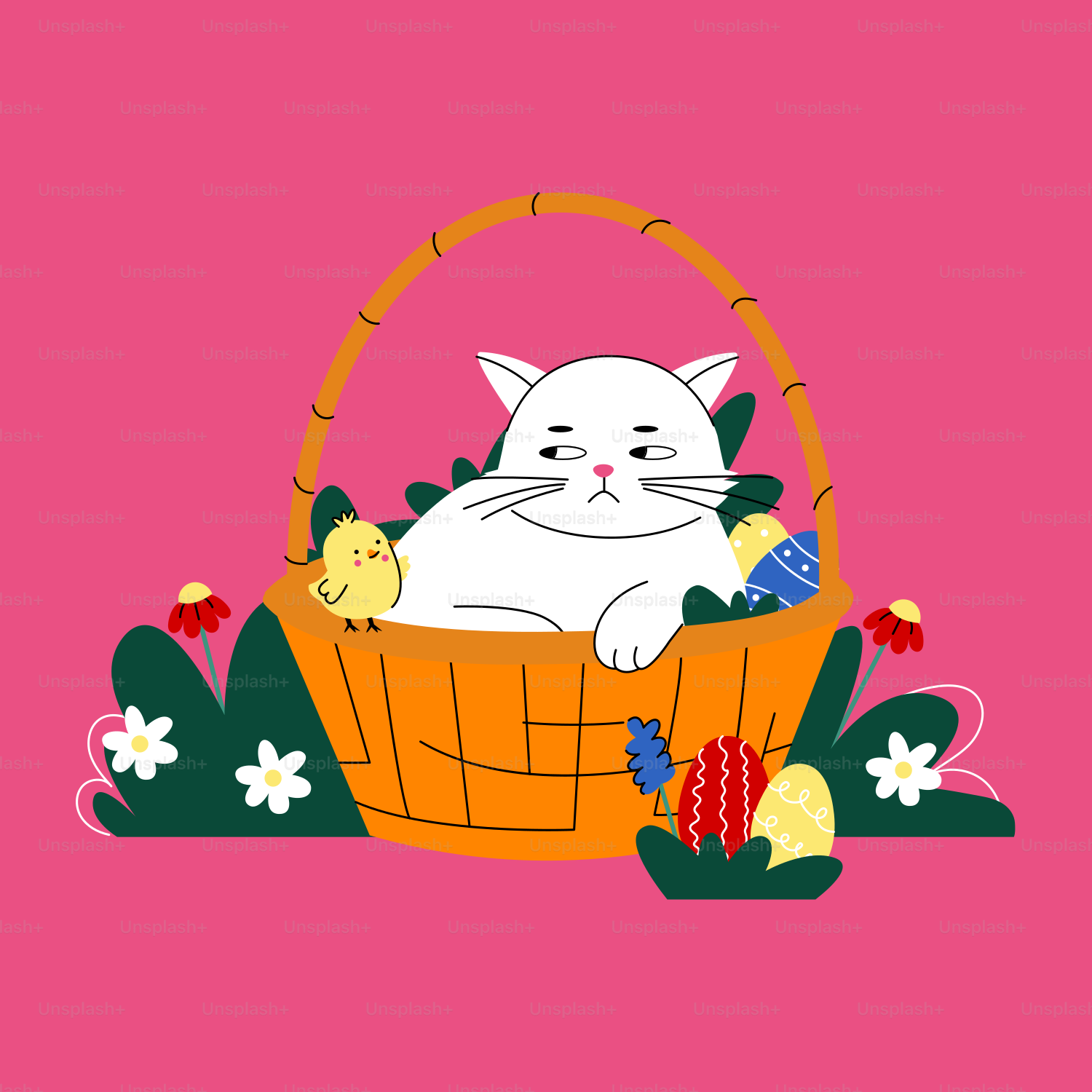 Eine weiße Katze, die in einem Korb auf rosa Hintergrund sitzt