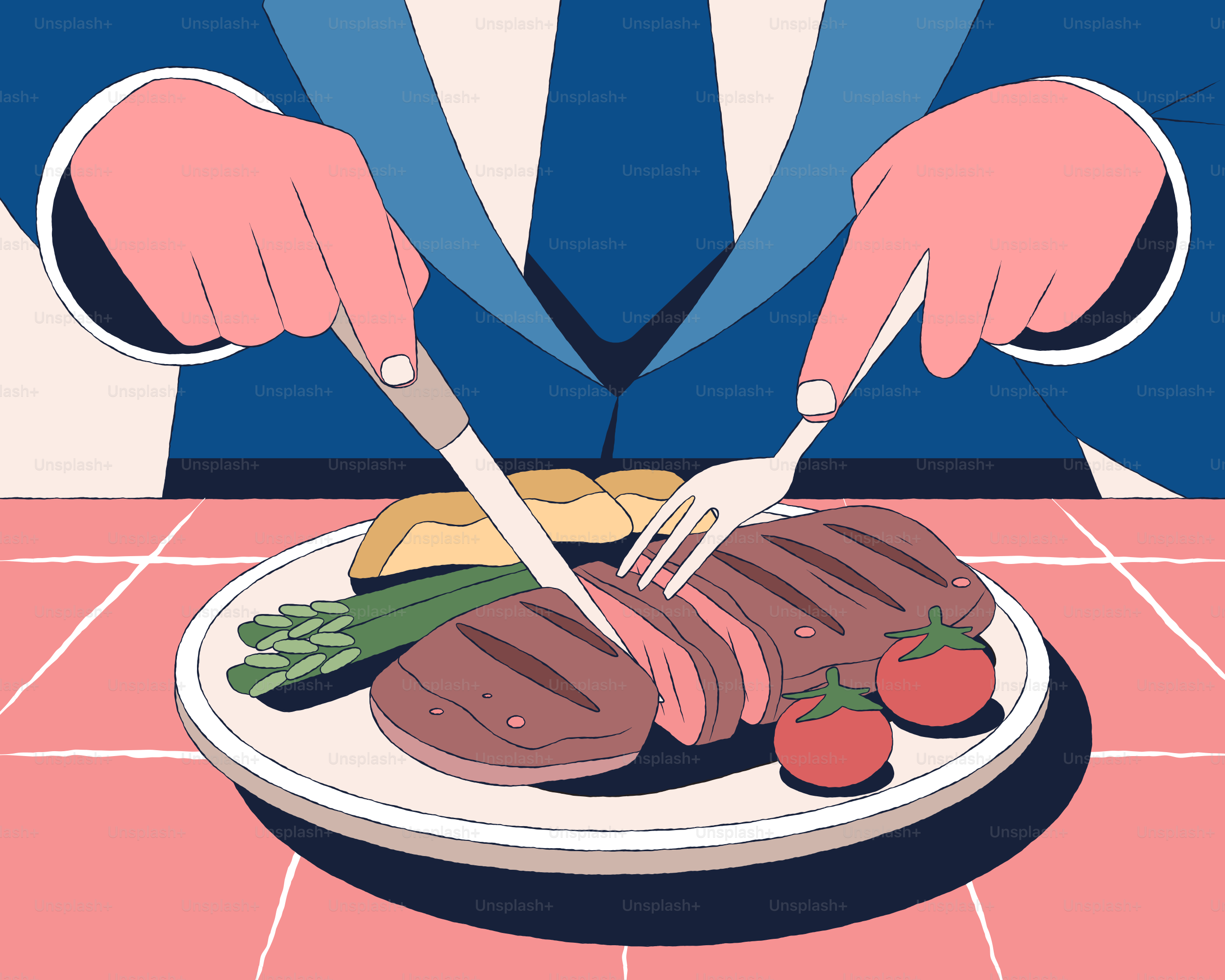 A man in a suit cutting meat on a plate