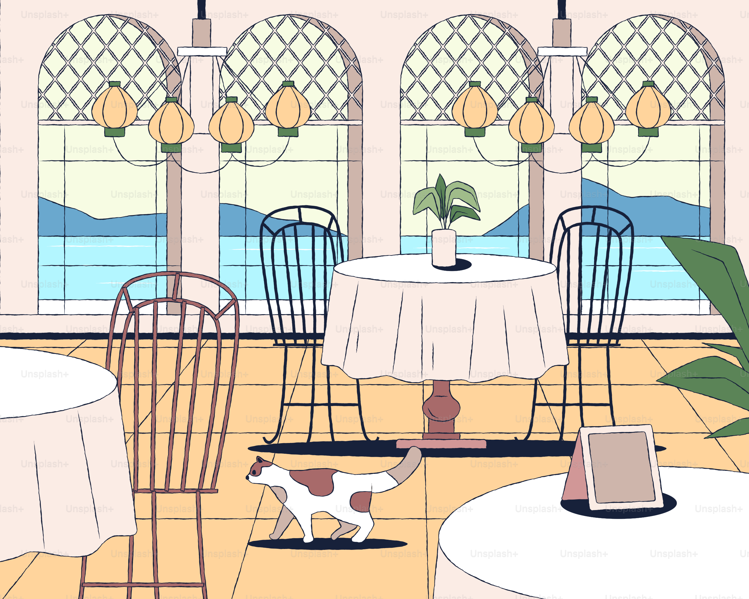 A drawing of a dining room with tables and chairs