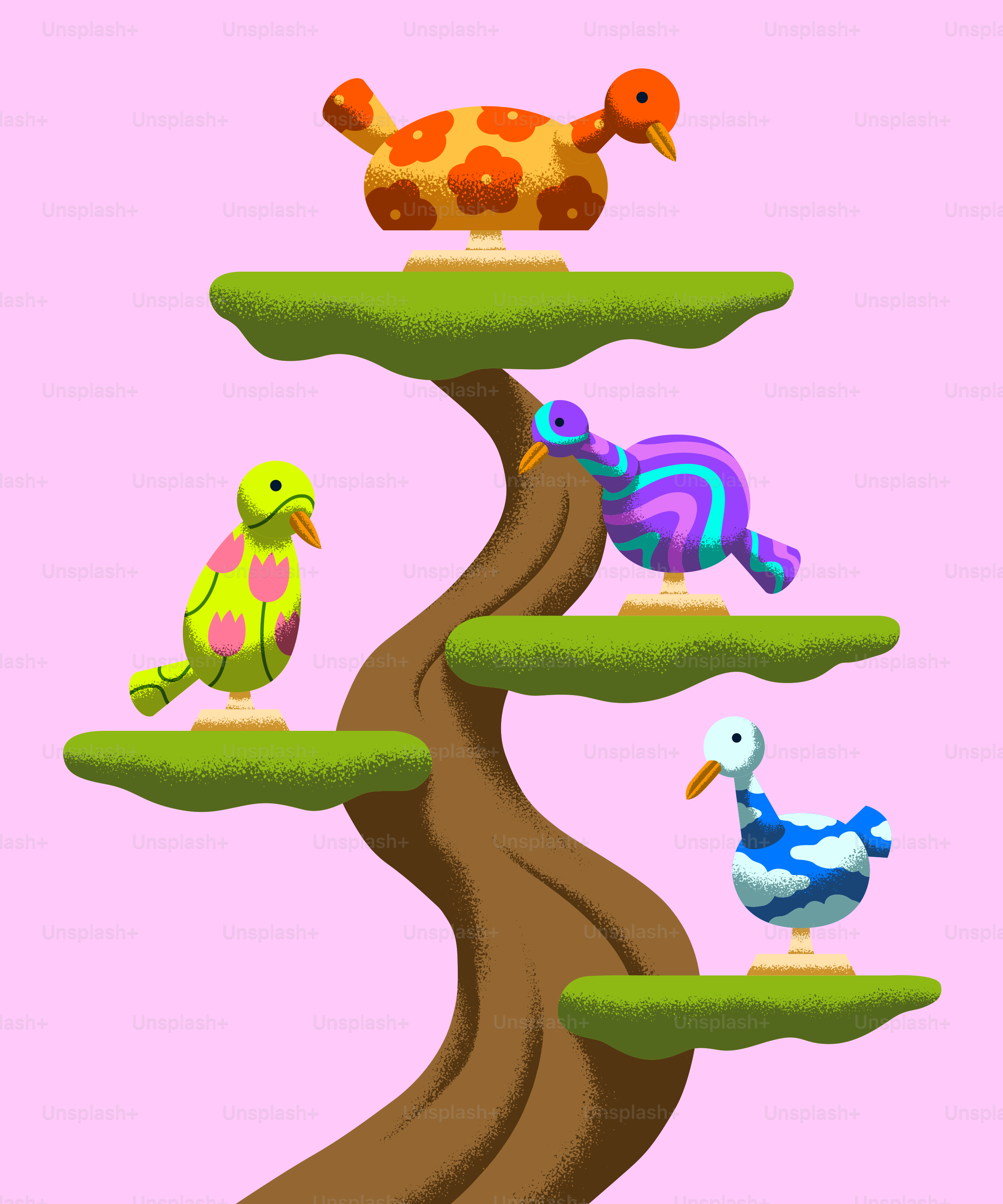 A tree with birds and a giraffe on top of it