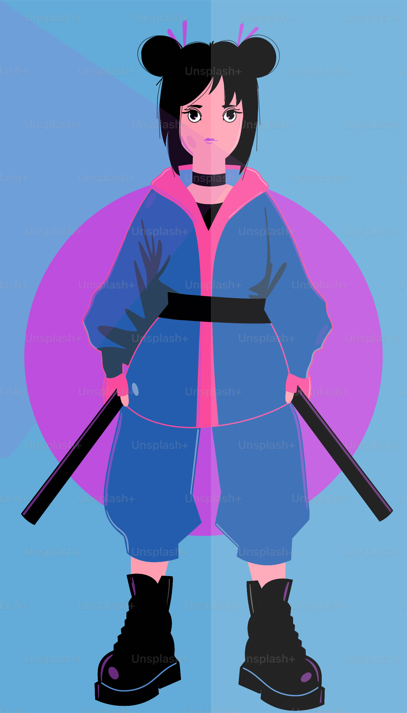 A woman in a kimono holding two swords