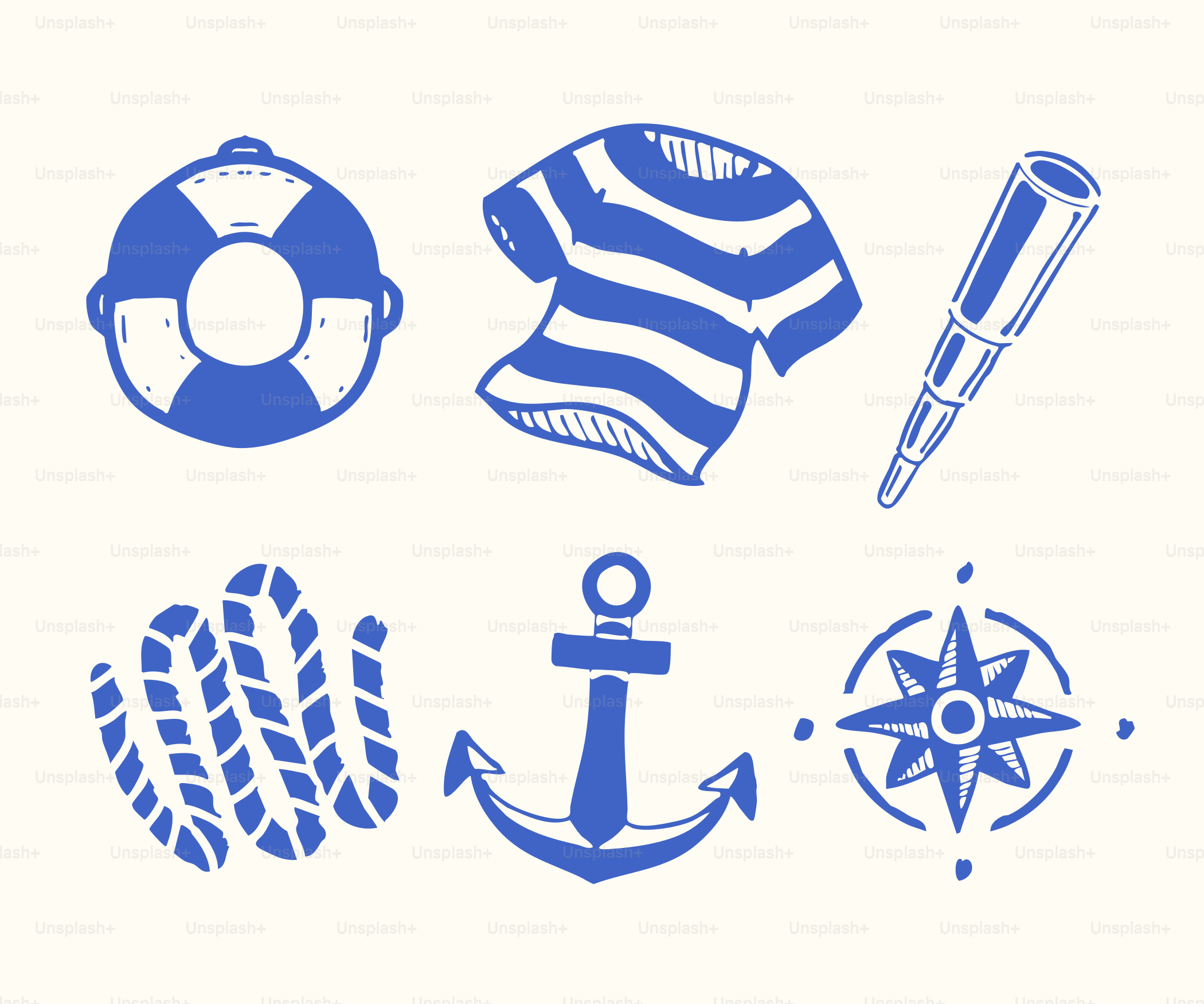 A blue and white picture of various items on a white background