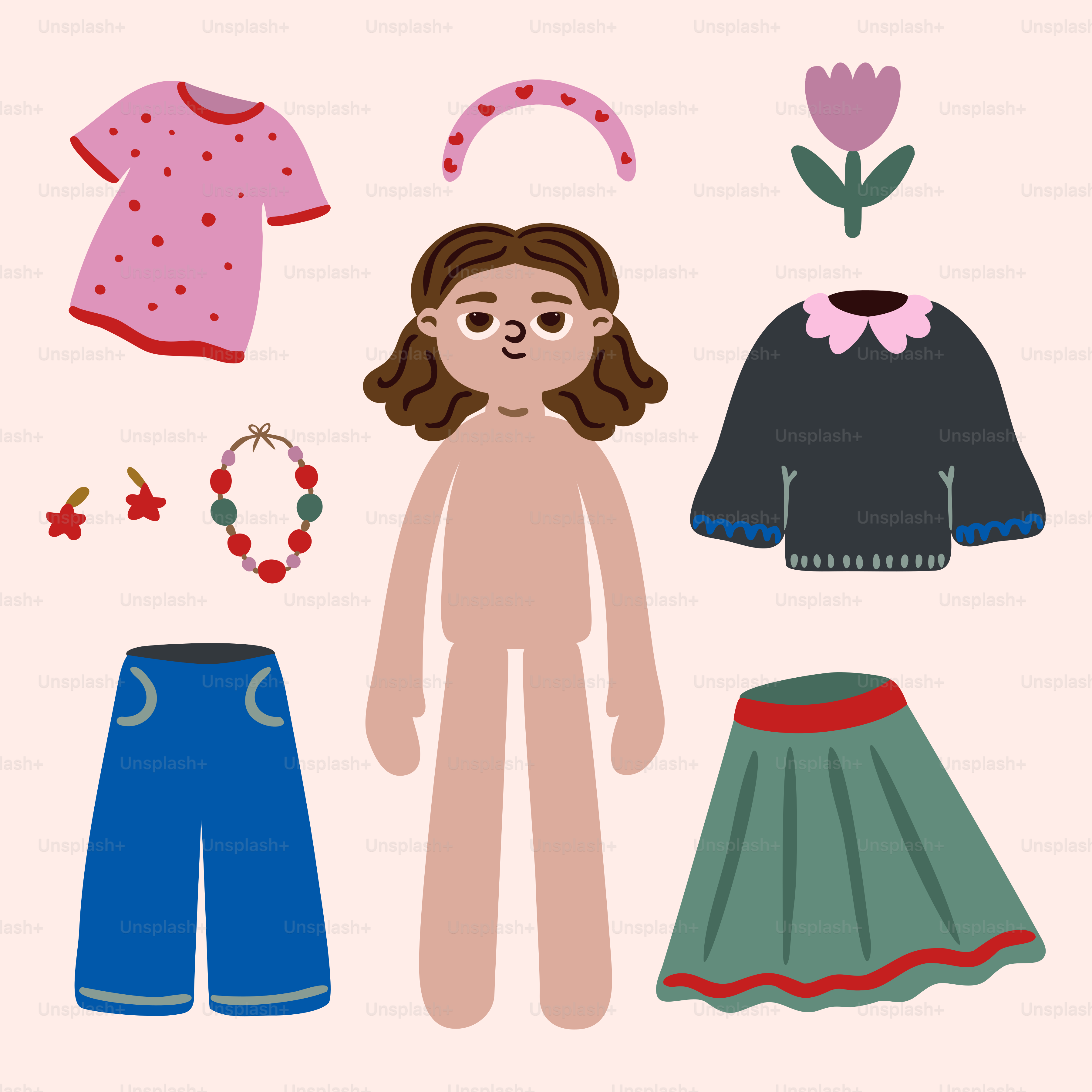 A paper doll with clothes and accessories on a pink background