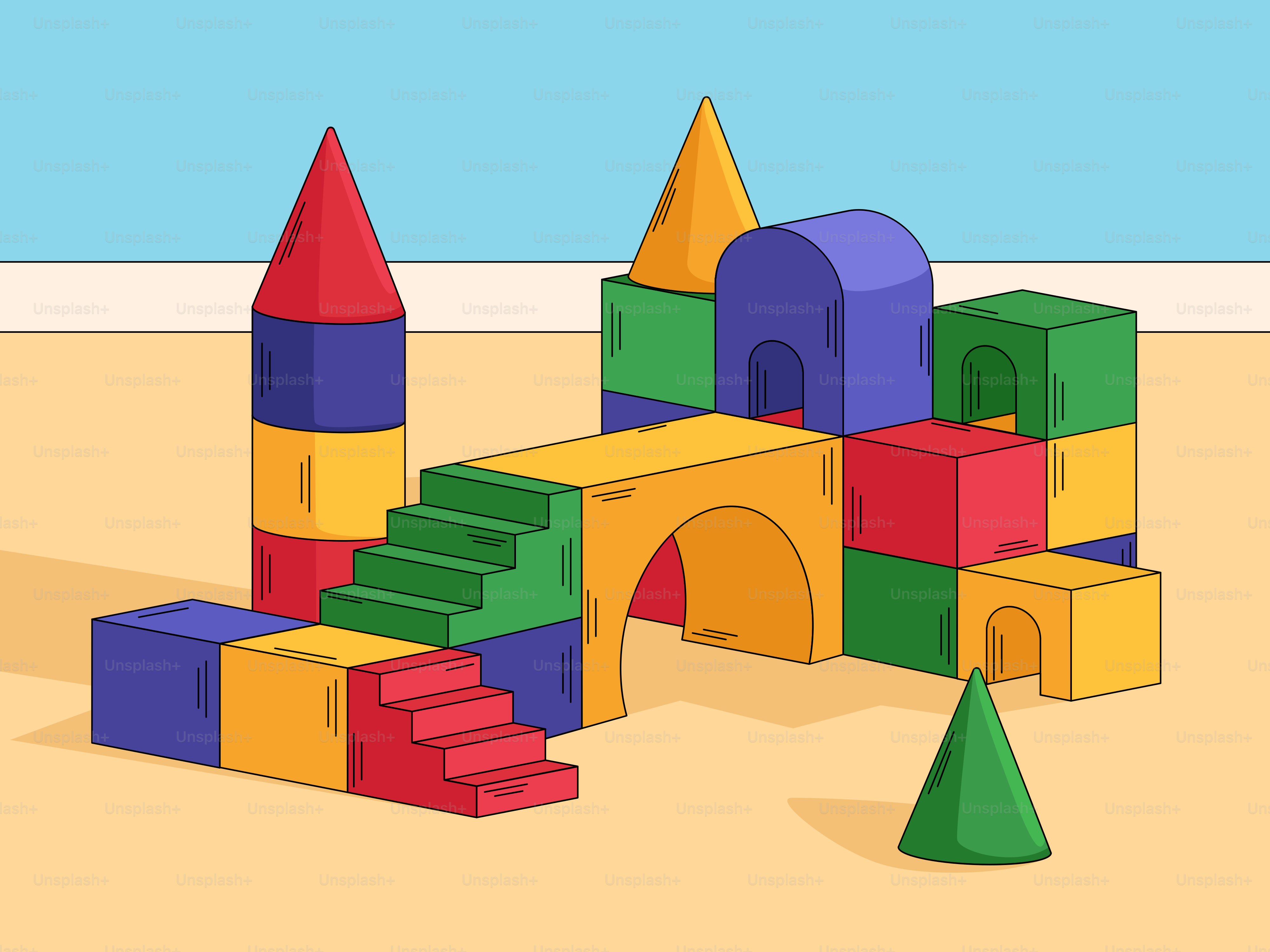 A child's play area with colorful blocks and a sandcastle