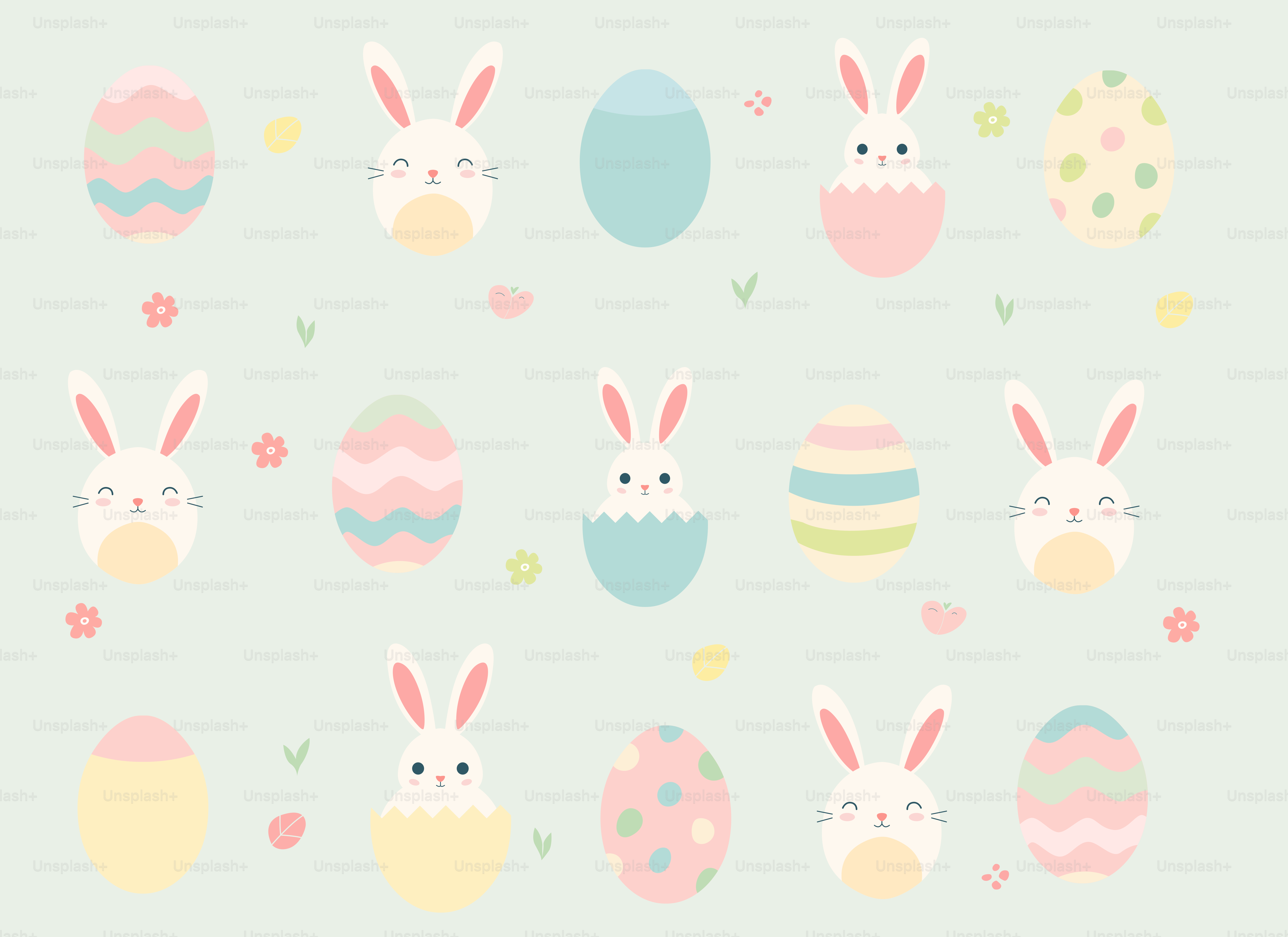 A blue background with a bunch of easter eggs and bunnies