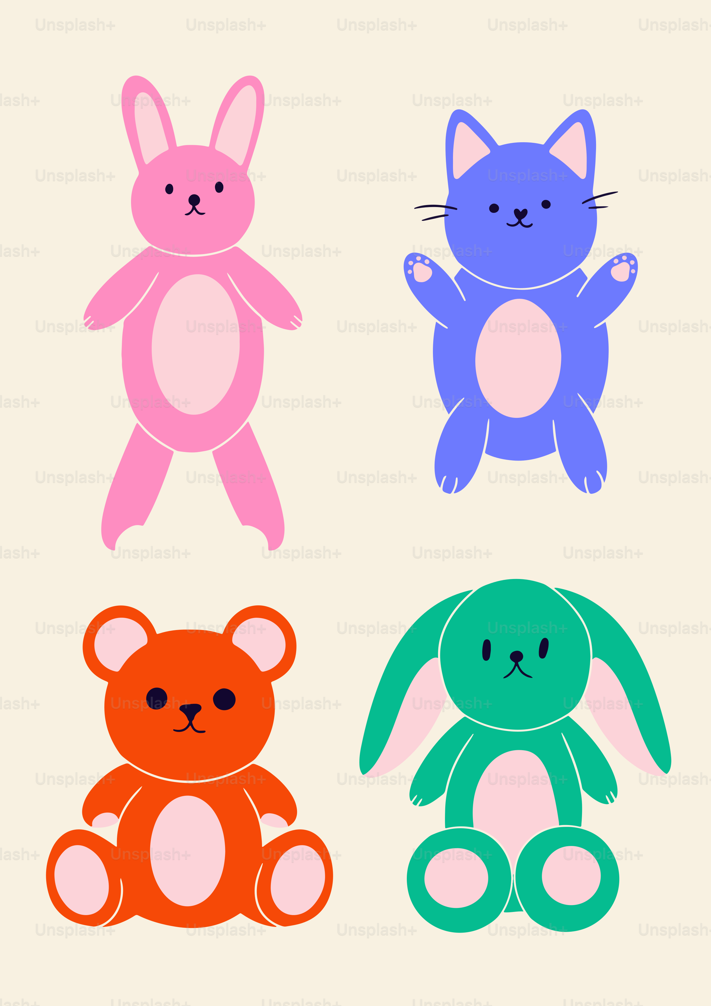 4つの異なる色のテディベアのセット