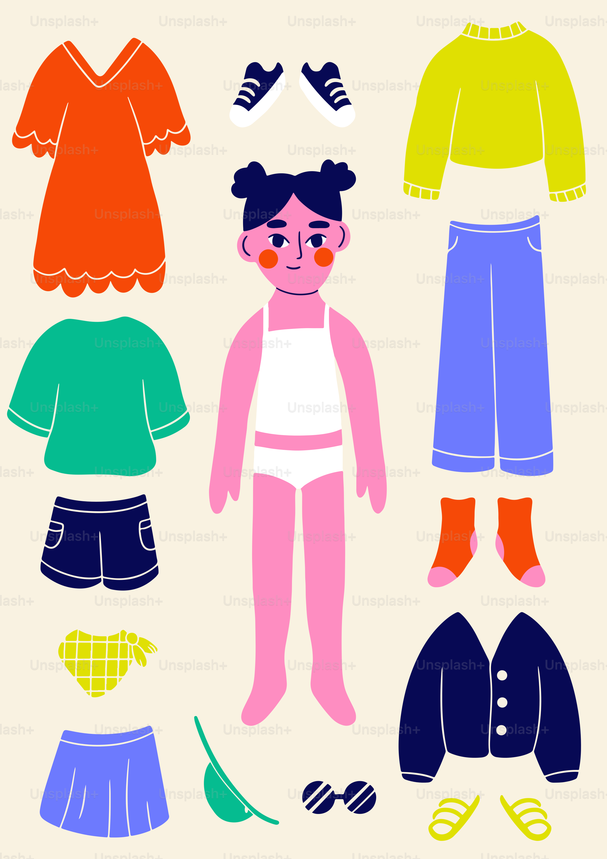 A paper doll with a variety of clothes