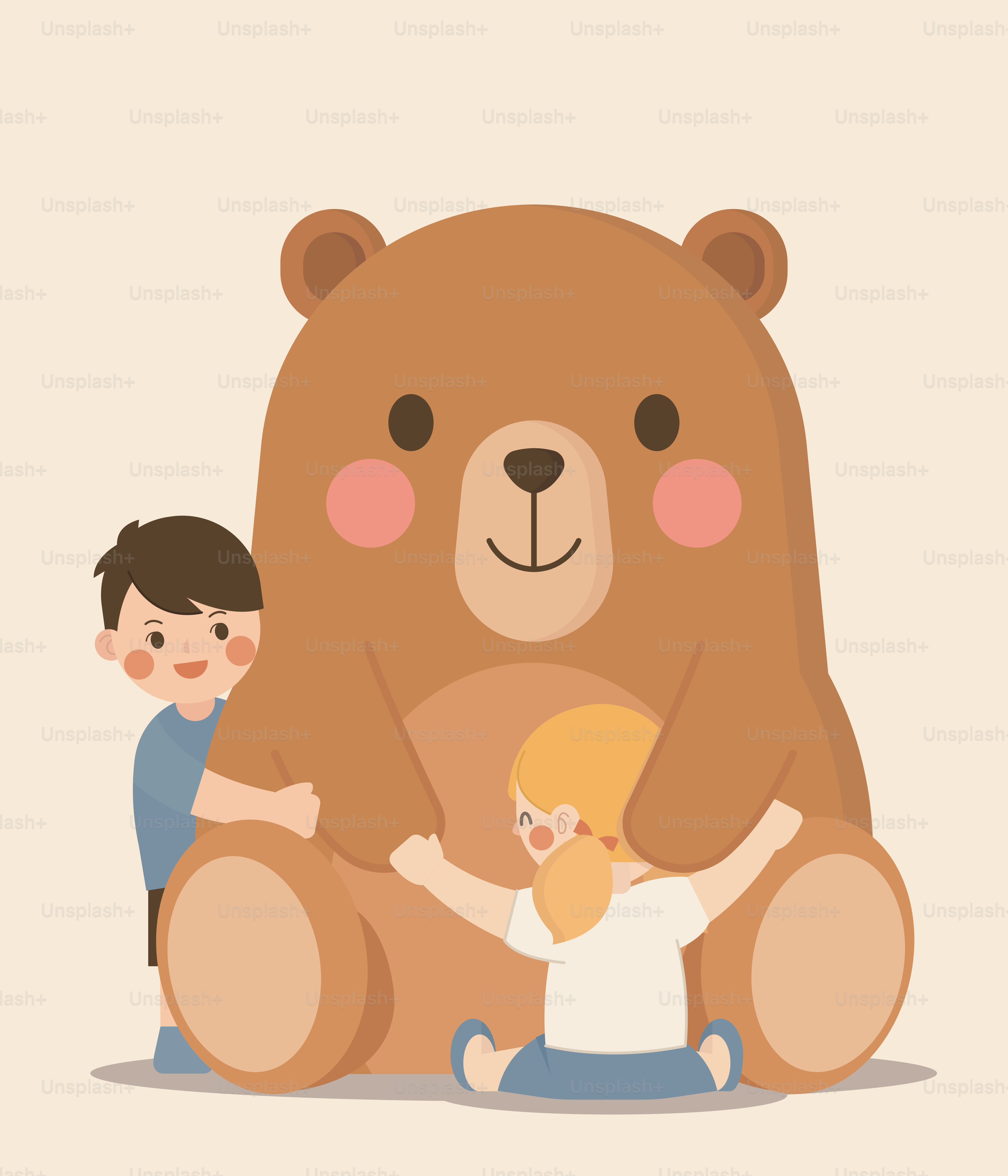 巨大なテディベアの隣に座る子供二人