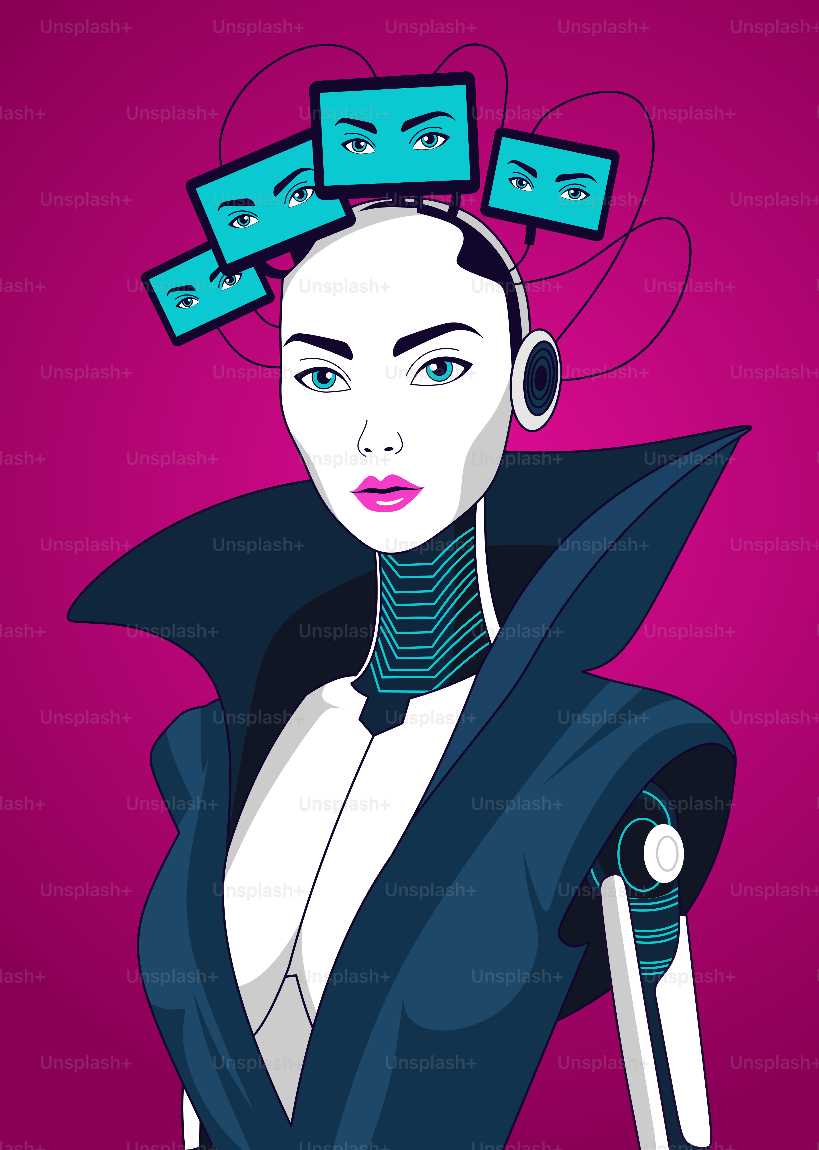 A woman in a blue dress with a head piece on her head